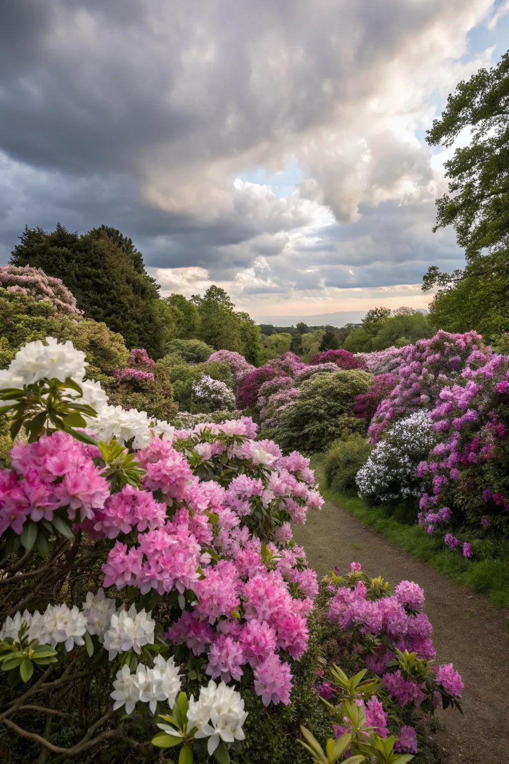 A vibrant medley of rhododendron shades, breathing life into the garden tableau.