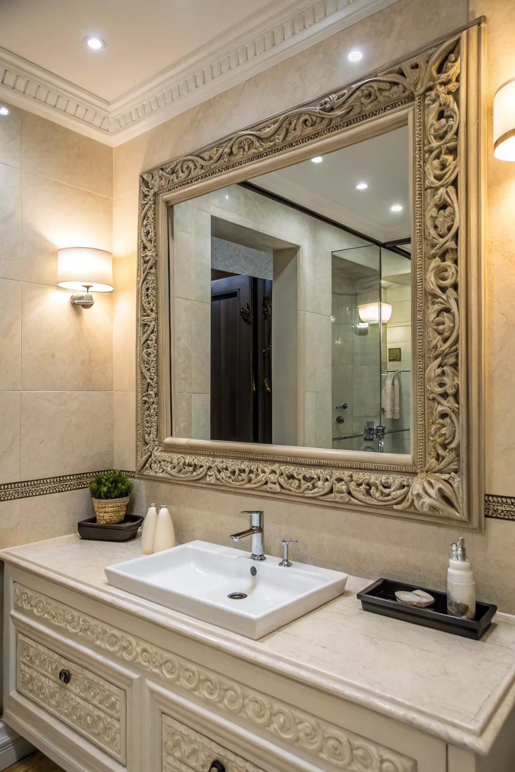 A beautifully framed mirror elevates the sophistication of your bathroom.