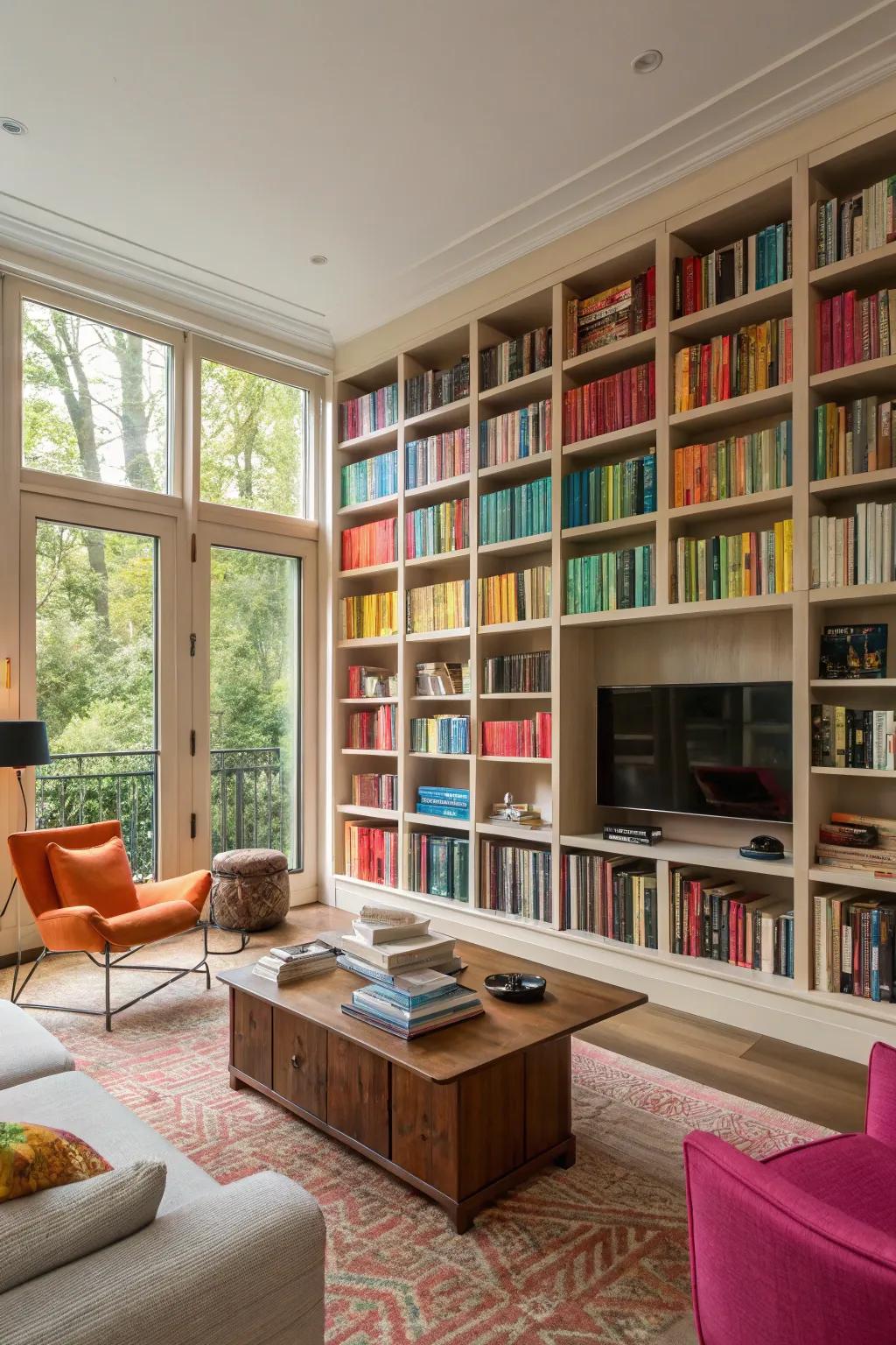 Floor-to-ceiling bookshelves contribute height and grace to this inviting living space.