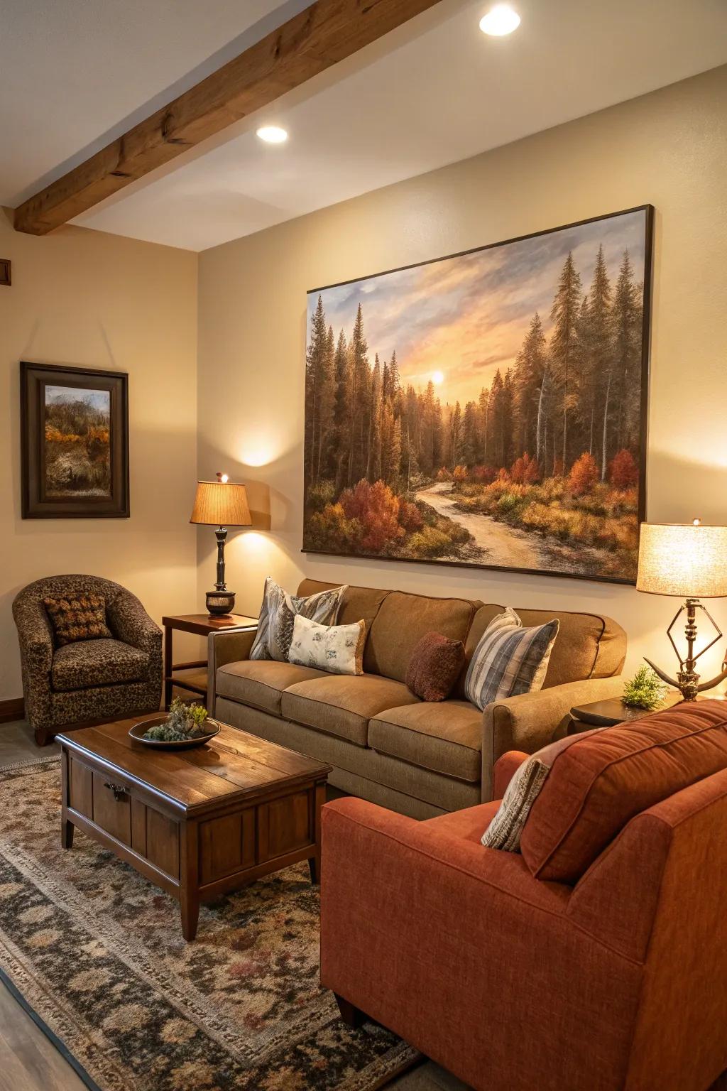 A forest landscape painting brings the tranquility of nature indoors.