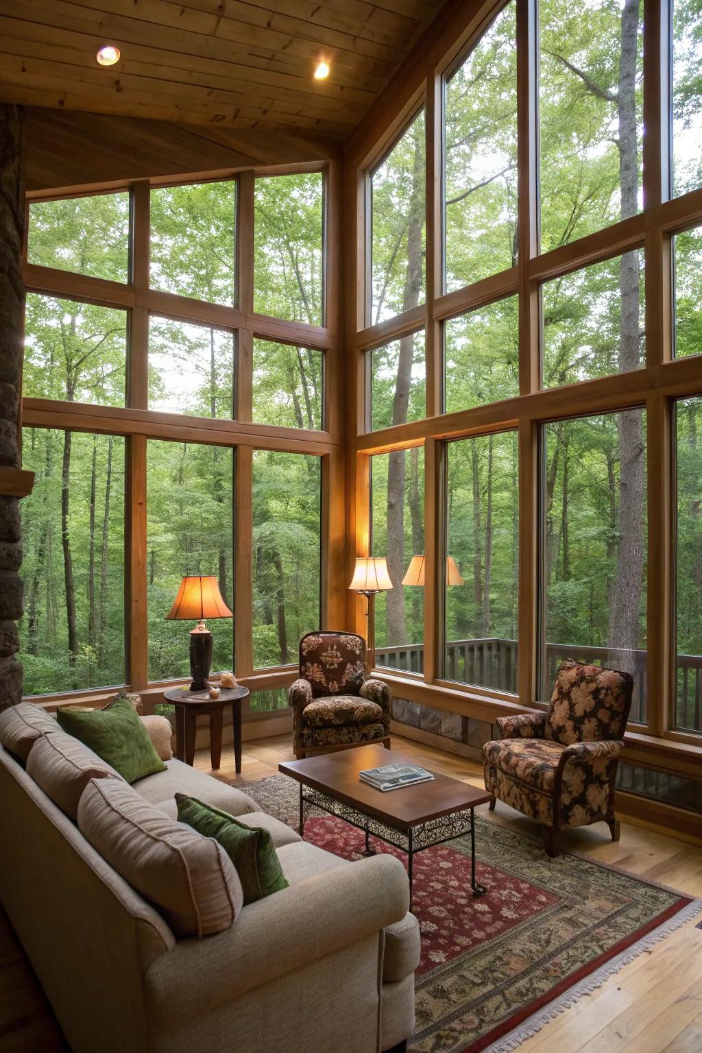 A family room featuring a complete wall of windows, effortlessly merging the inside with the surrounding nature.