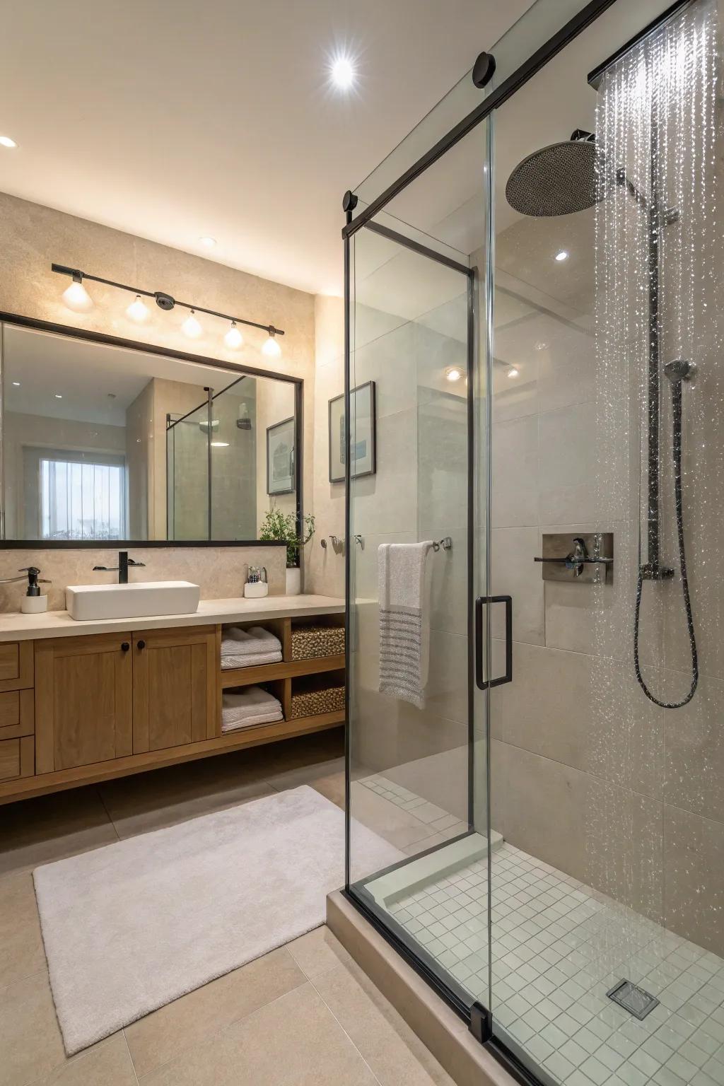 Glass enclosures give a fluid and open vibe to your bathroom.