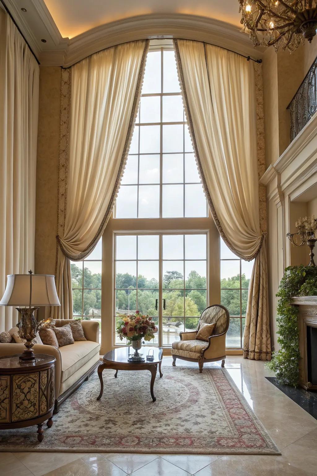 Enhance your living space with drapes that elegantly cascade from ceiling to floor.