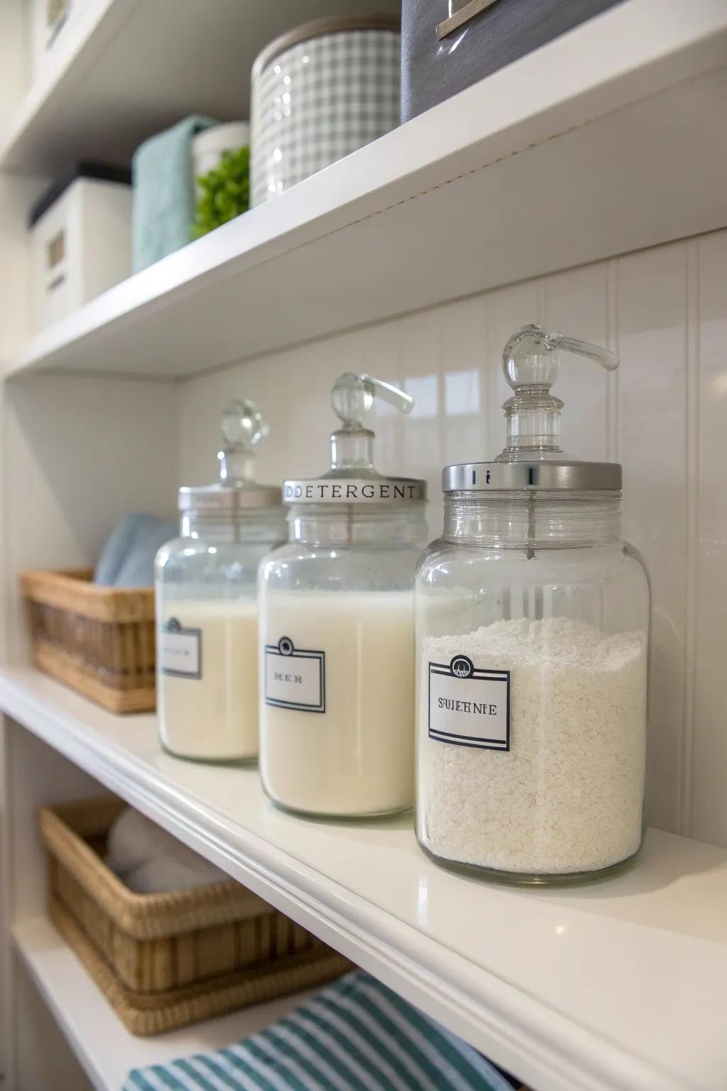 Glass jars with spouts add elegance to your laundry routine.