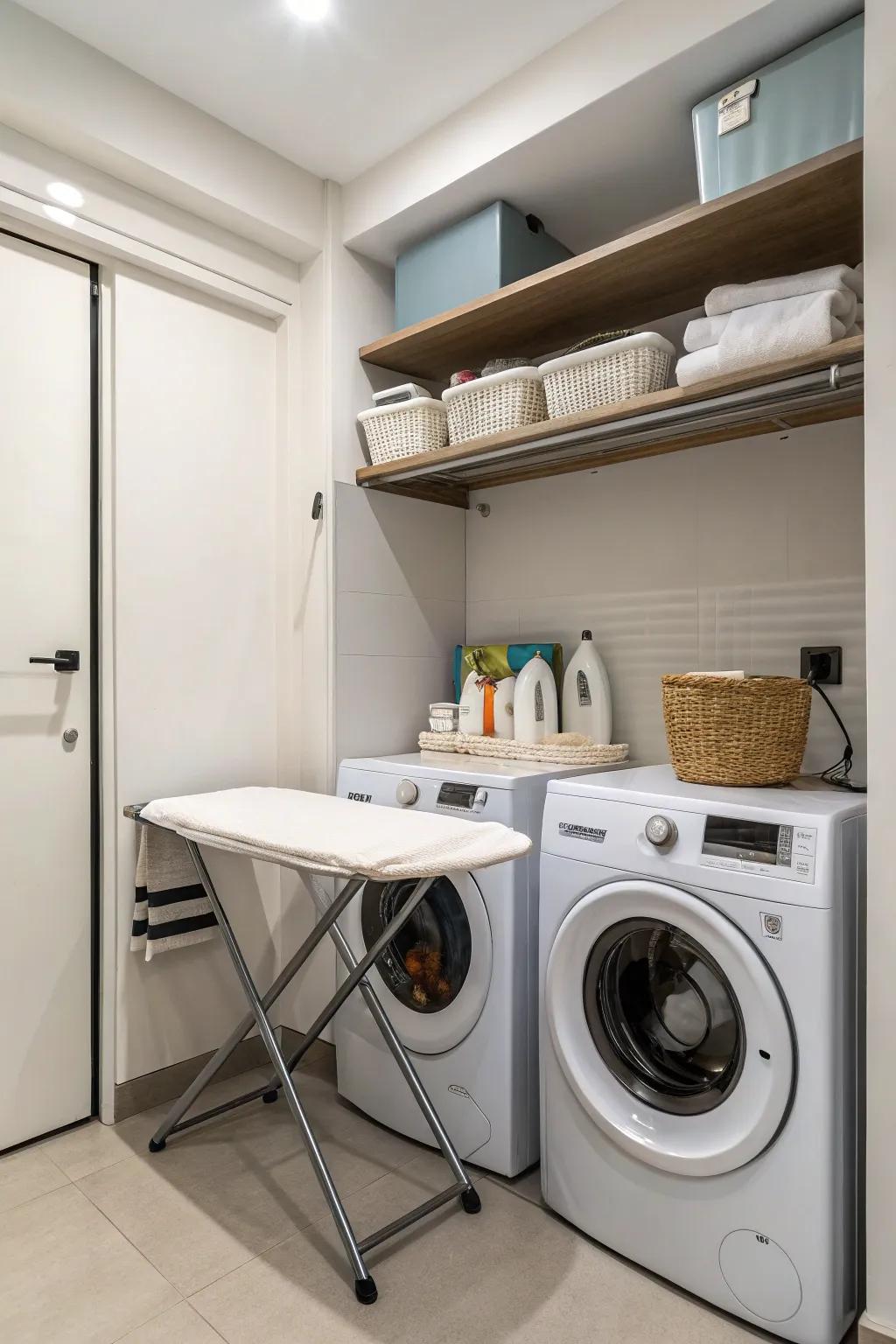 A smart folding table above appliances saves room.