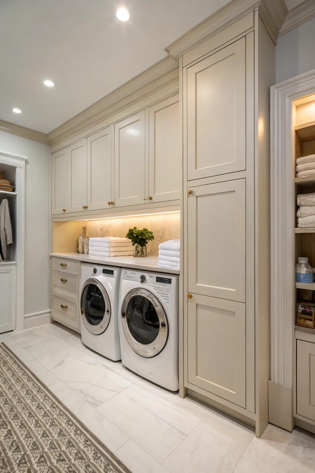Elegantly paneled cabinets effortlessly hide laundry appliances.