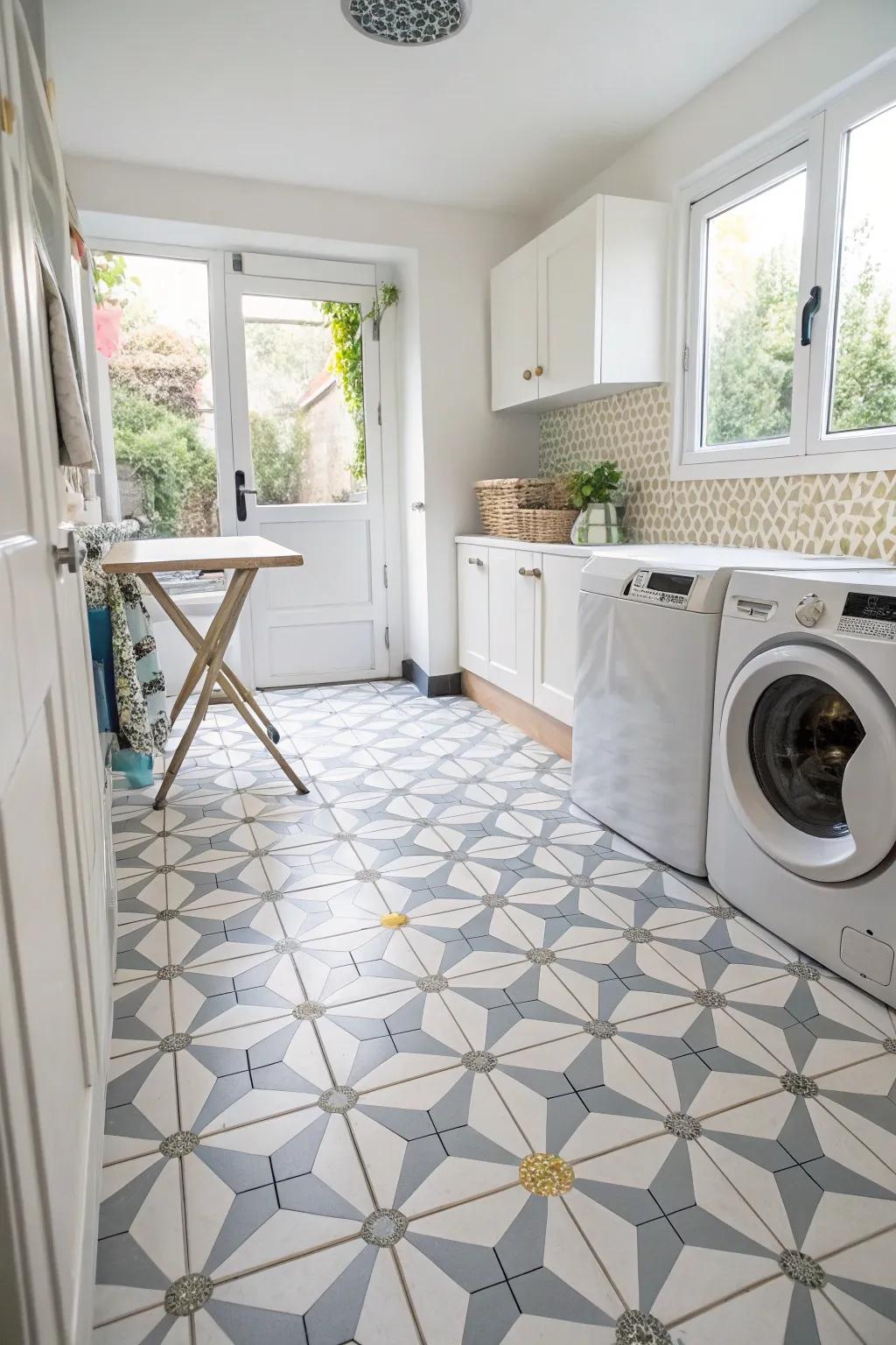 Geometric patterns energize this laundry space.