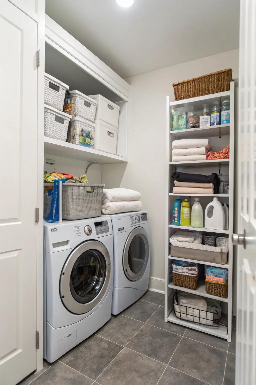 A compact laundry room uses stackable units, a brilliant choice for limited spaces.