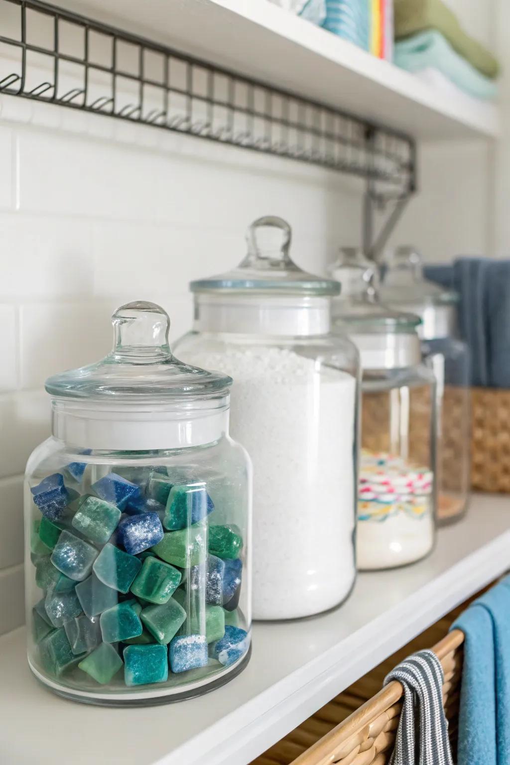 Transparent glass vessels keep your washing necessities tastefully organized.