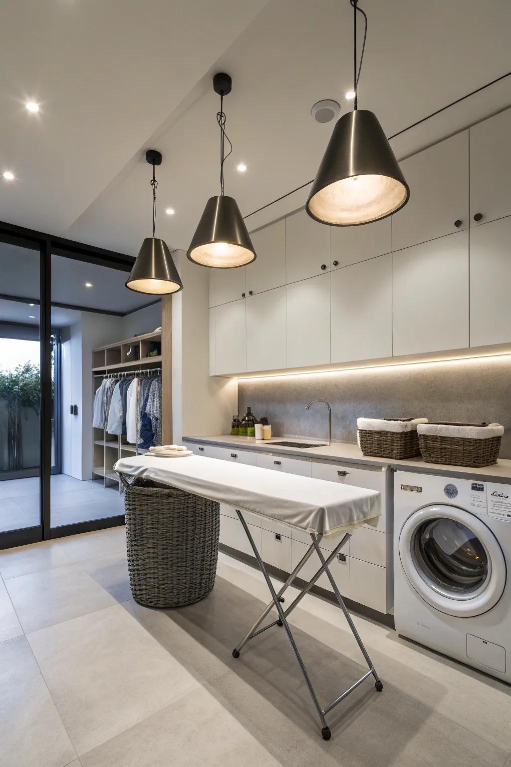 Functionality meets style with elegant pendant lighting in the laundry area.