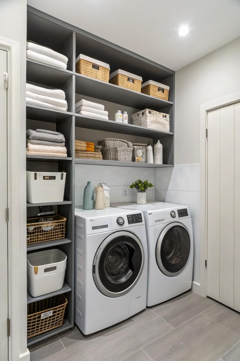 Make the most of vertical space by installing shelves above your laundry units.