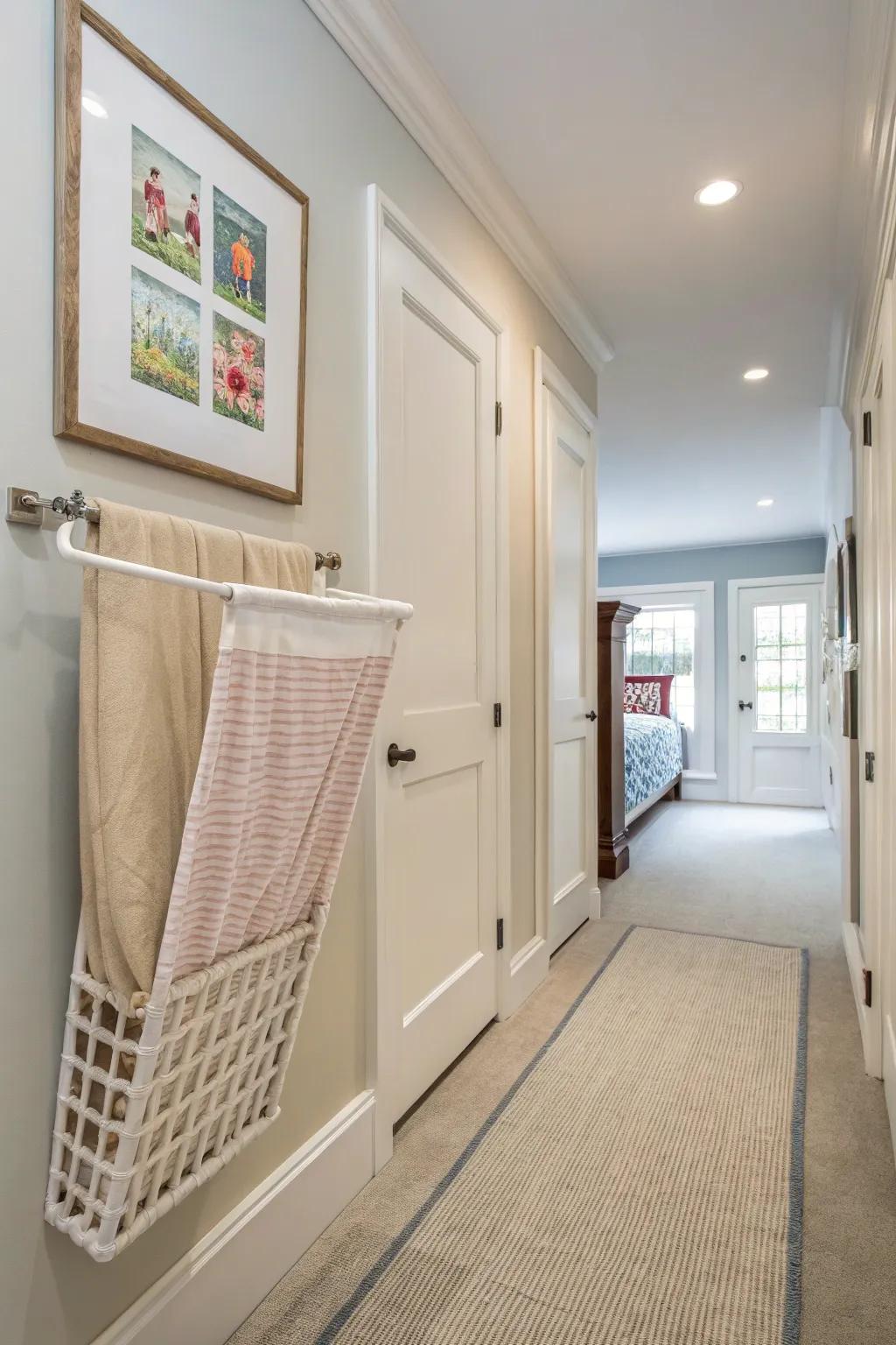 A conveniently placed and accessible wall-mounted laundry chute in a family residence.