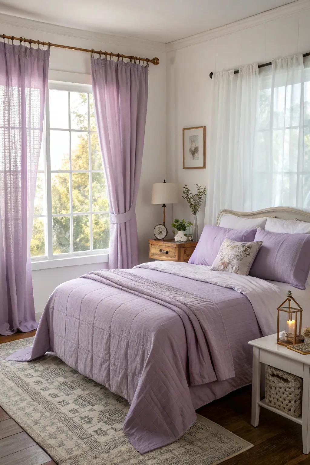 A comforting bedroom featuring lavender linens and curtains catching the soft morning light.