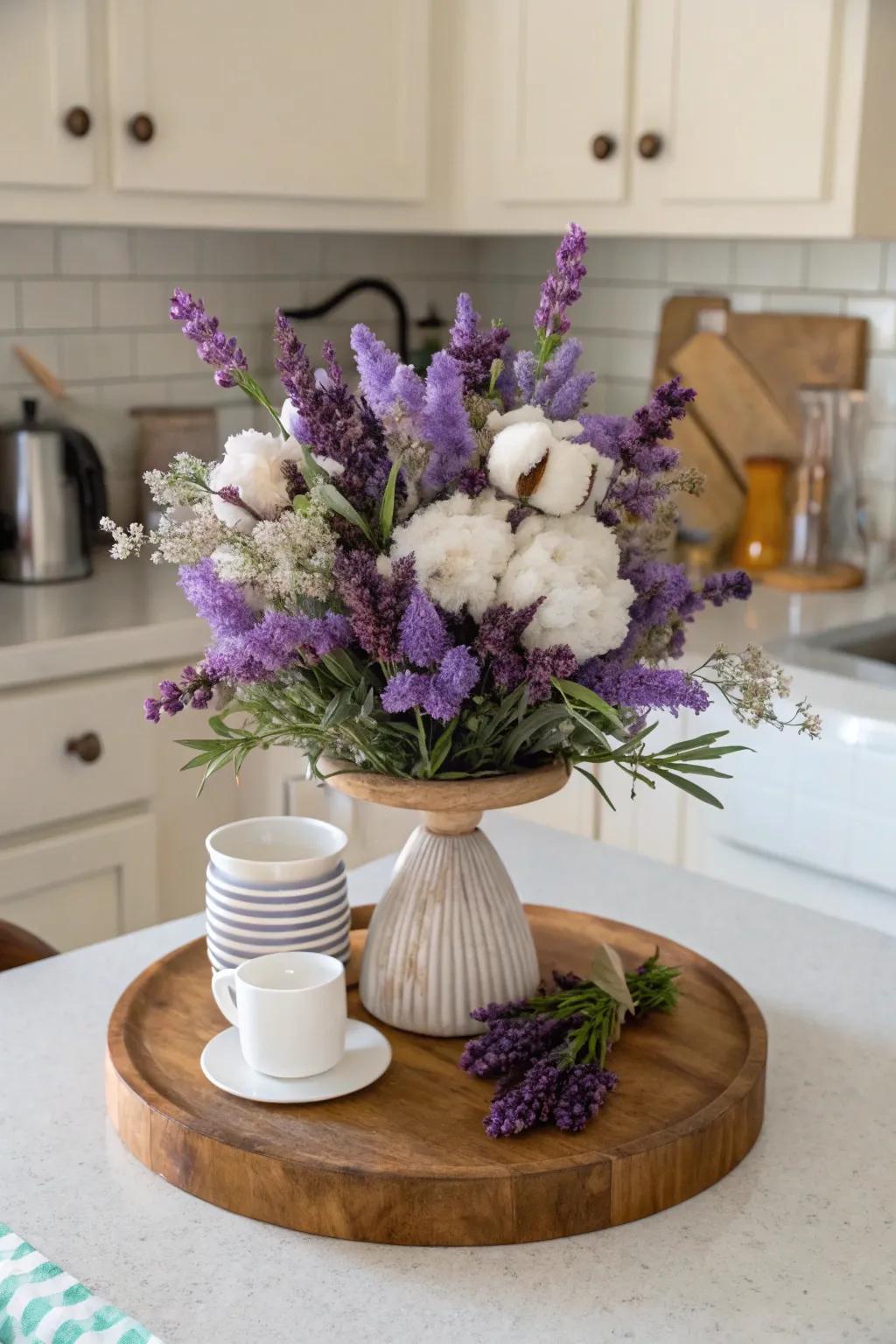 A rotating tray presenting an enchanting flower arrangement of lavender and cotton sprigs.