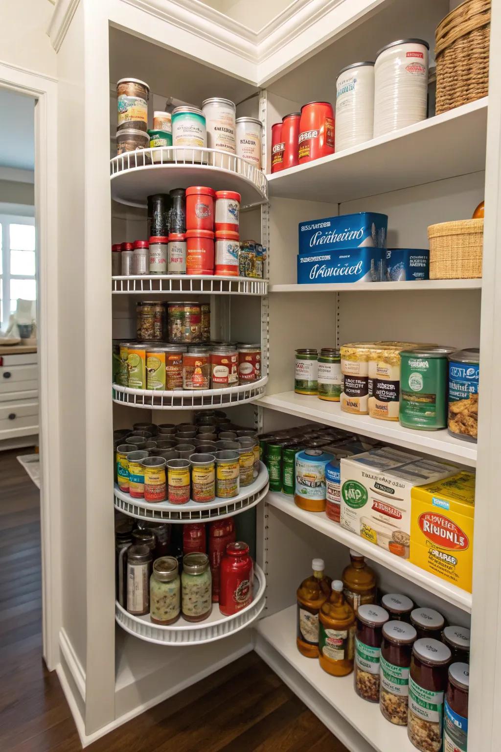 Maximize pantry storage with a rotating organizer, making canned goods easily accessible.