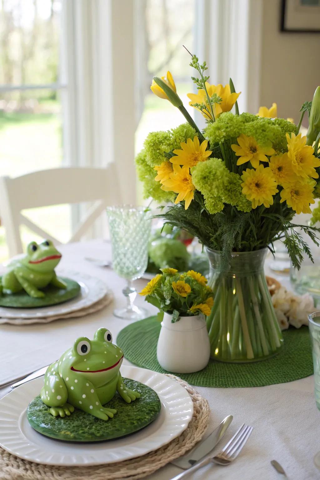 Frog-inspired centerpieces lend a playful ambiance to your Leap Year dining setup.