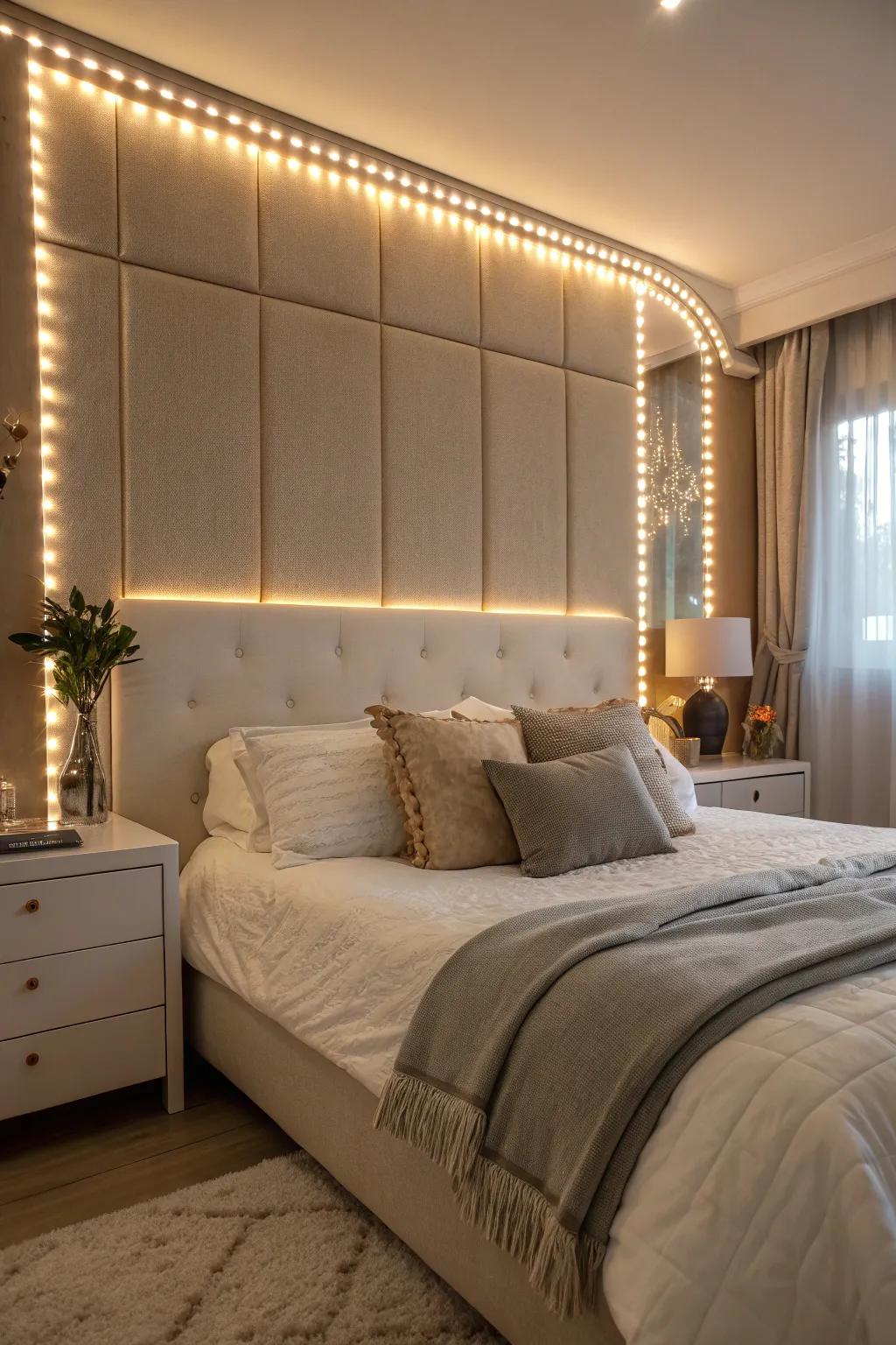 An enchanting sleeping quarters arrangement featuring LED glow tapes positioned behind the bed's head section.