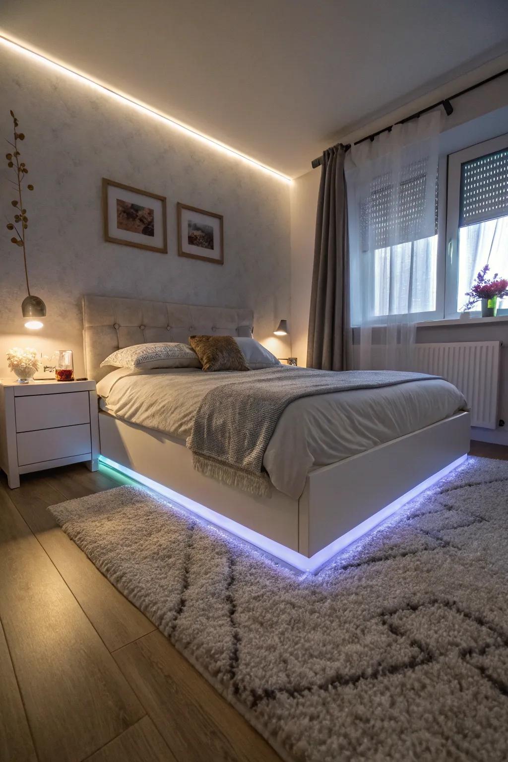 An alluring floating bed illusion achieved through the use of luminous diodes bars.