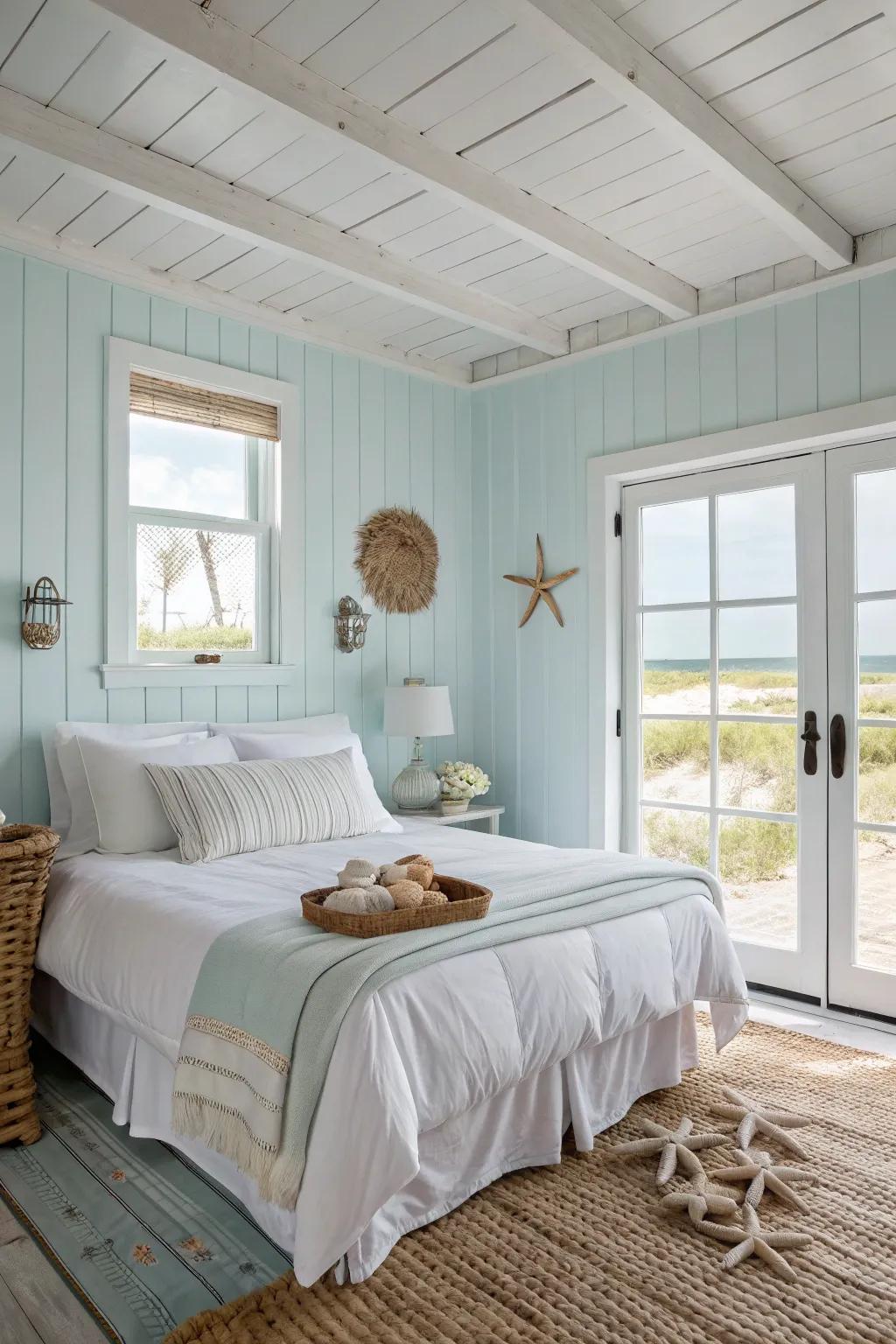 A coastal-inspired bedroom with light blue walls and white bedding for a refreshing retreat.