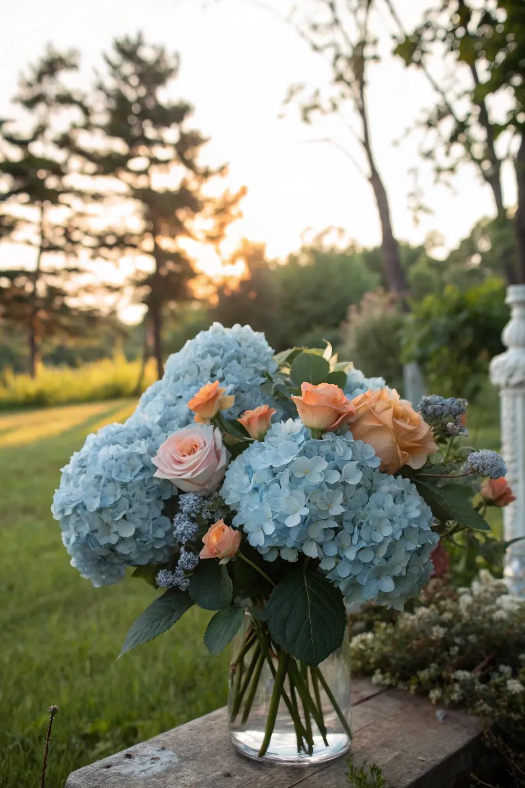 A bridal bouquet featuring soft azure bloom clusters harmonized with apricot accents.