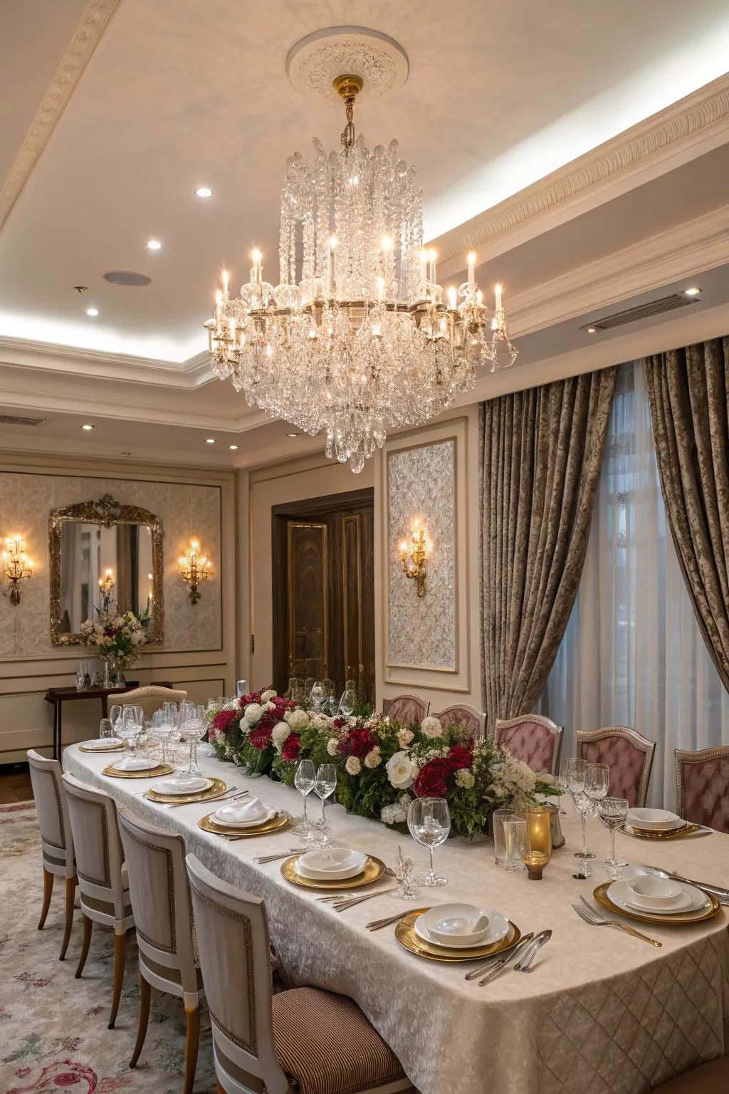 A vintage crystal chandelier adds timeless elegance to your dining space.
