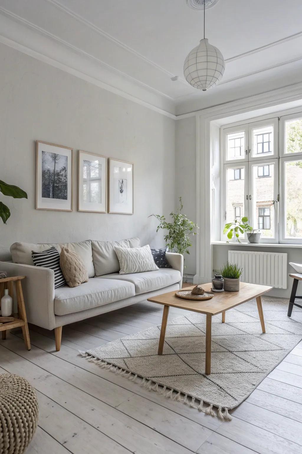 A Scandinavian-style living room with light grey flooring and minimalist decor.