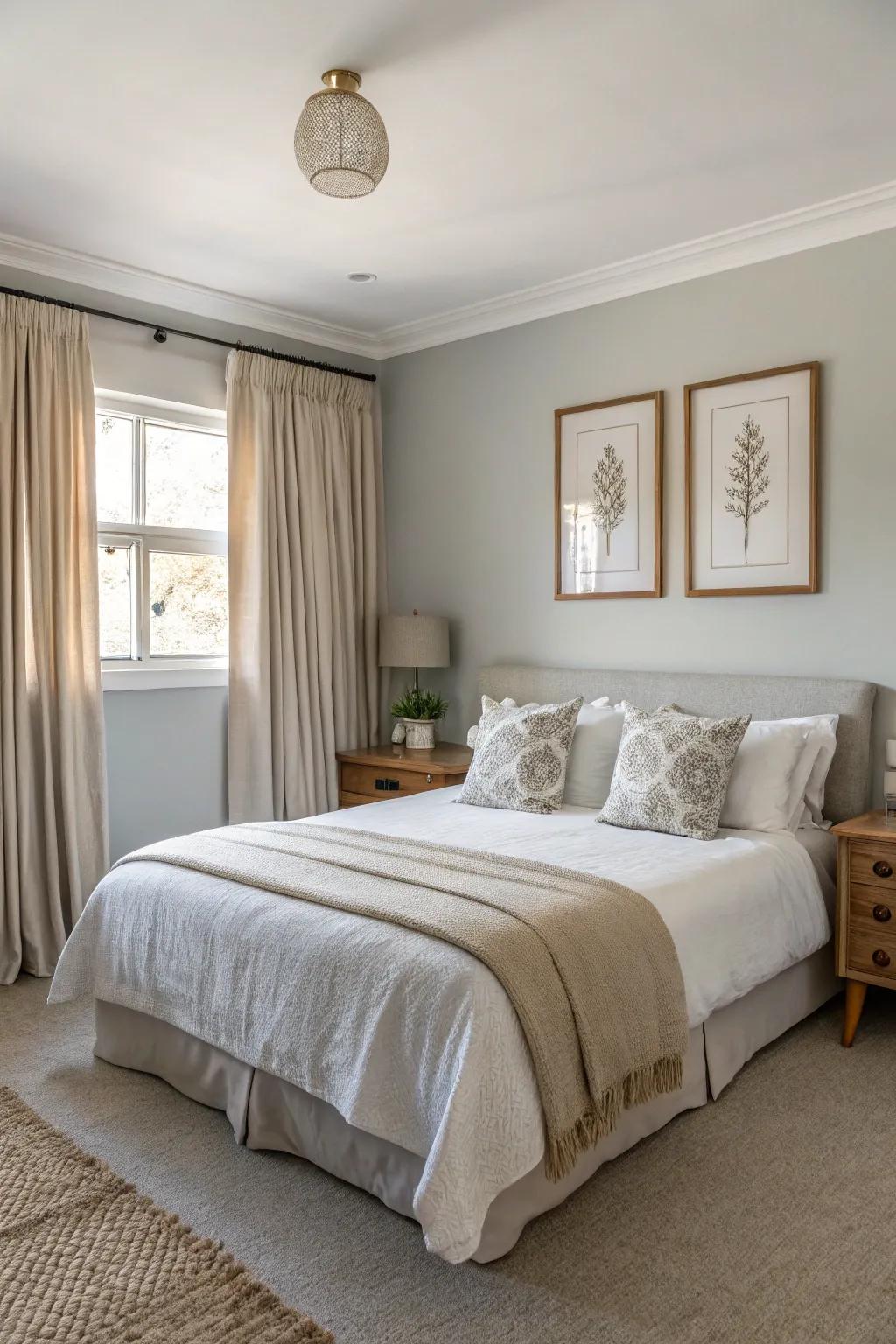 A bedroom showcasing light grey walls and a neutral palette.