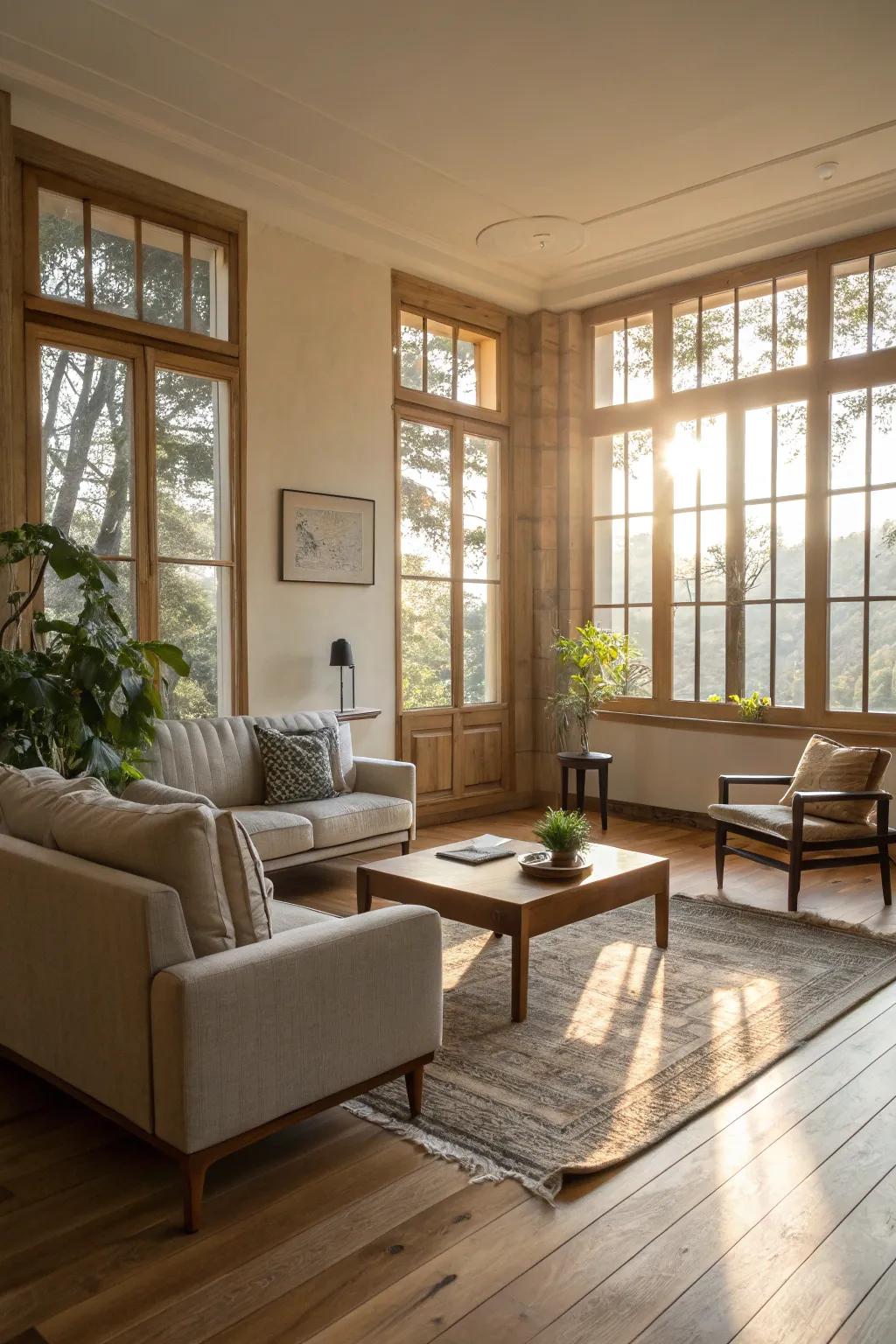 A living room that captures natural light beautifully, enhancing the space's openness with light wood floors.