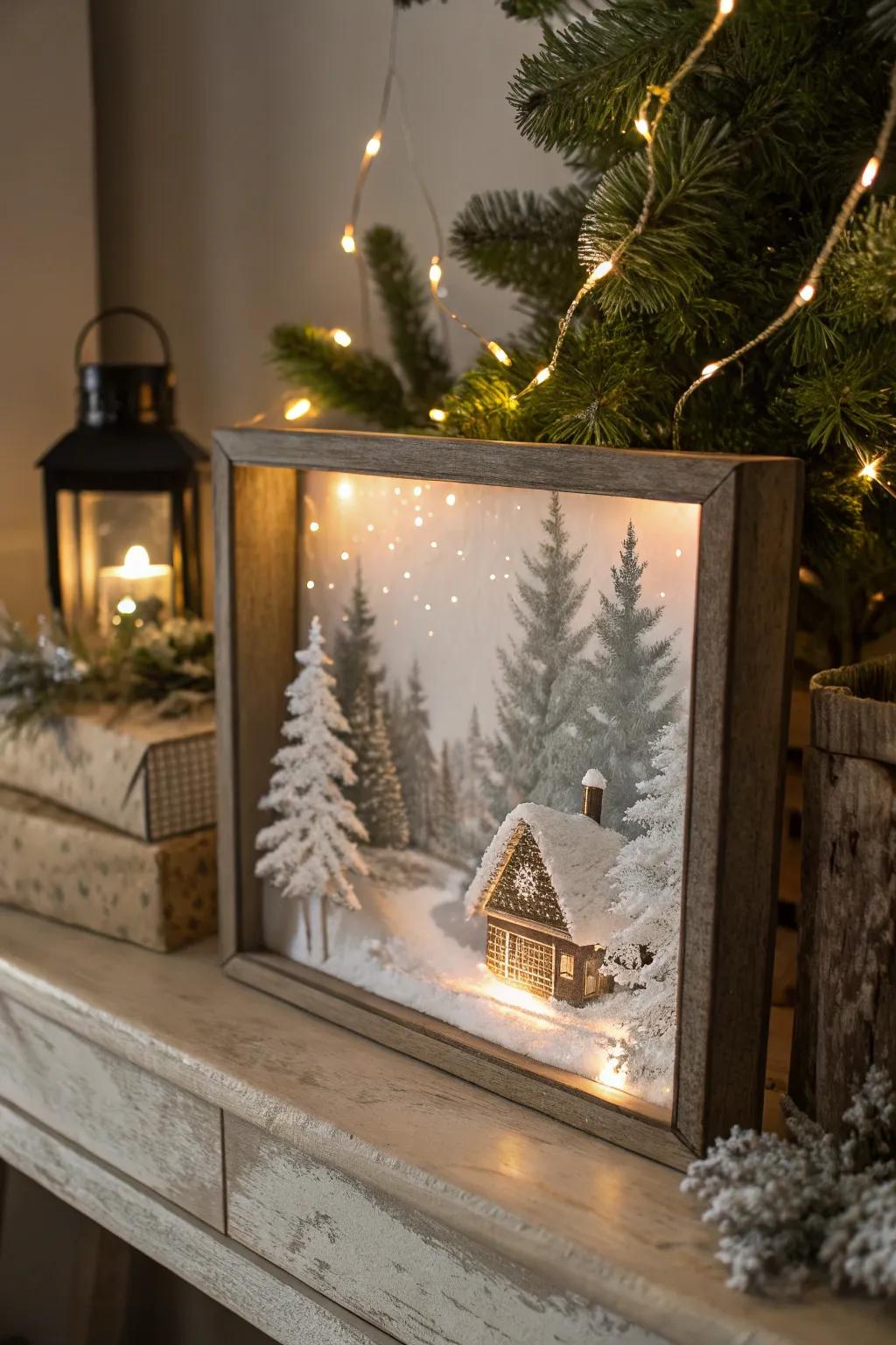 A comfortable winter panorama encased in an illuminated shadow box