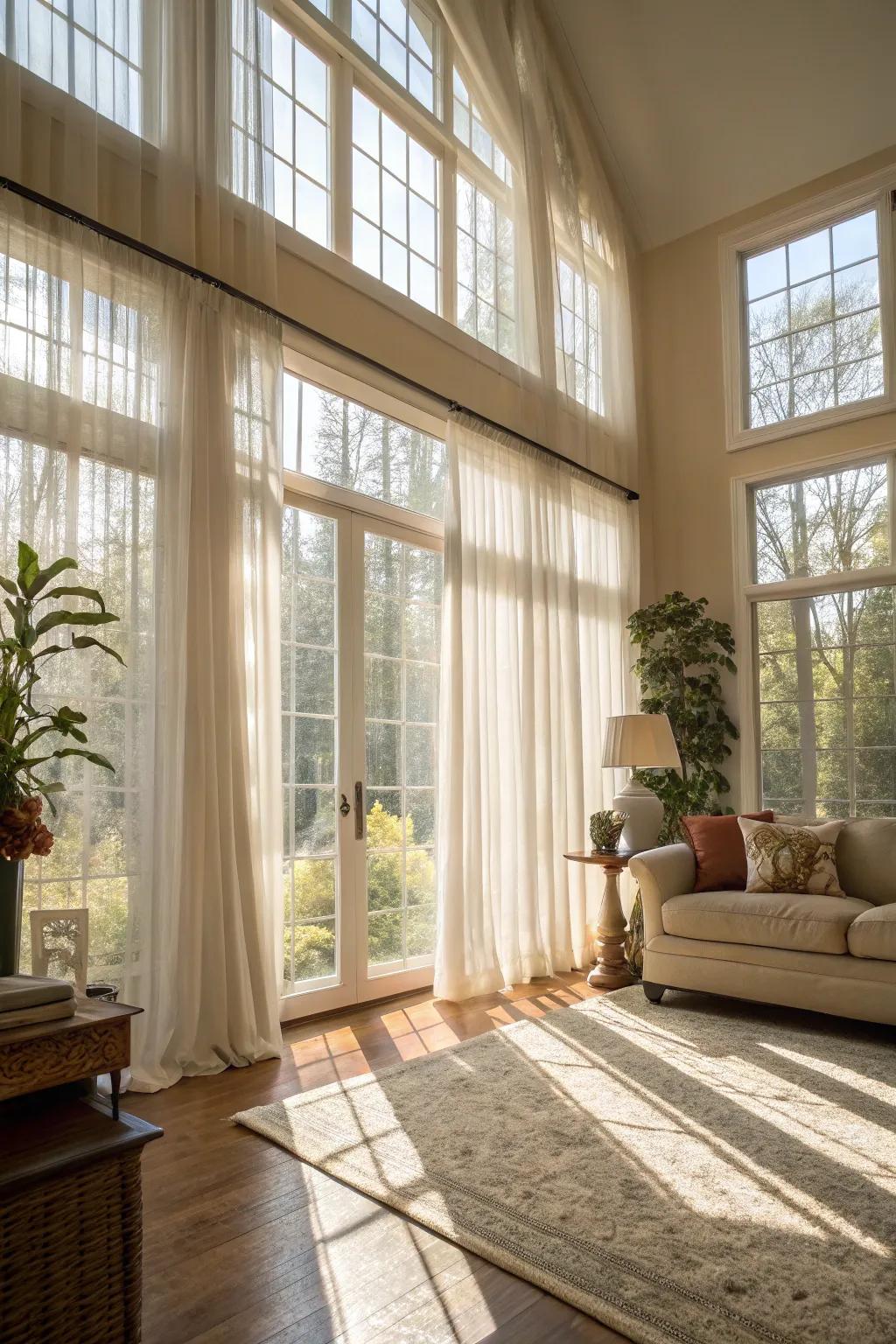 Wispy curtains transform your apartment by allowing natural light to flood in, creating an expansive and airy environment.