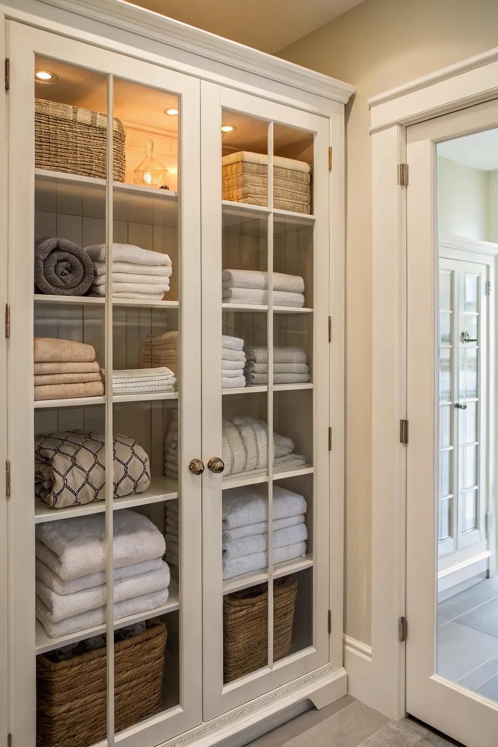 A linen closet equipped with glass paneled doors enhances both elegance and visibility.