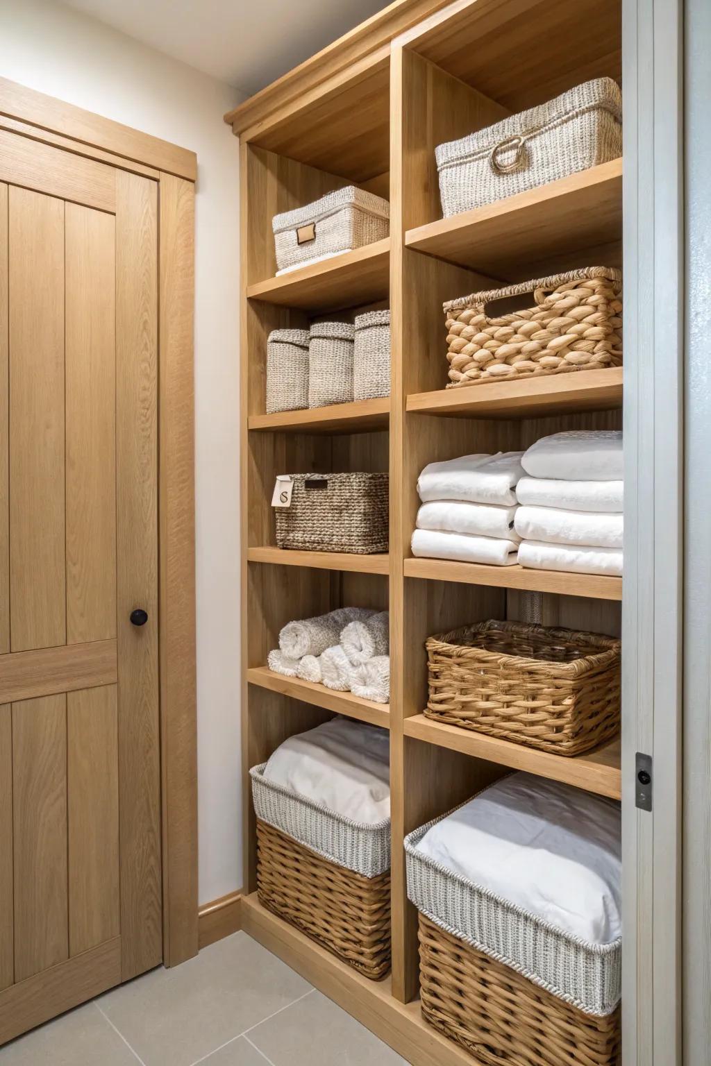 Bespoke timber shelving delivers a polished ambiance to a linen closet.