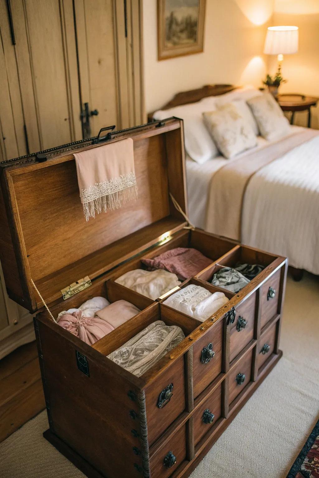A vintage treasure case serves as a sophisticated and practical storage solution for your lingerie.