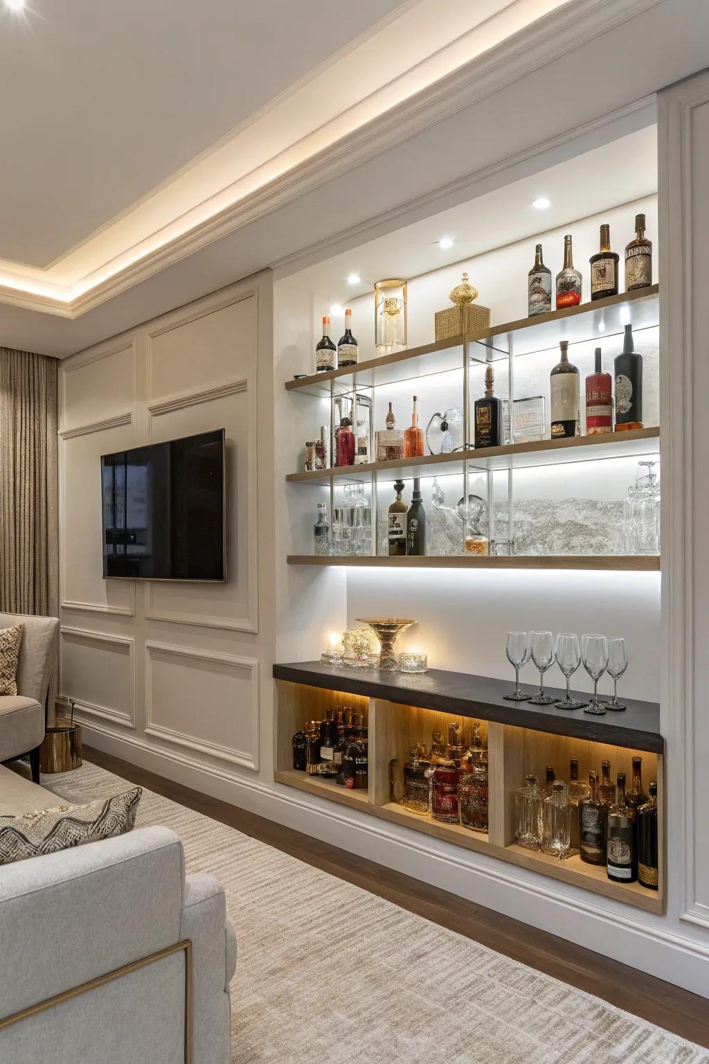 Floating shelves for a sleek liquor display.