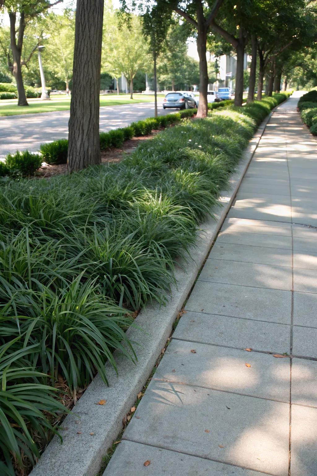A sidewalk graced with liriope, smoothly transitioning into a lush garden.