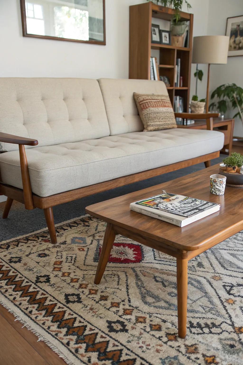 Mid-century modern couch featuring iconic peg legs.