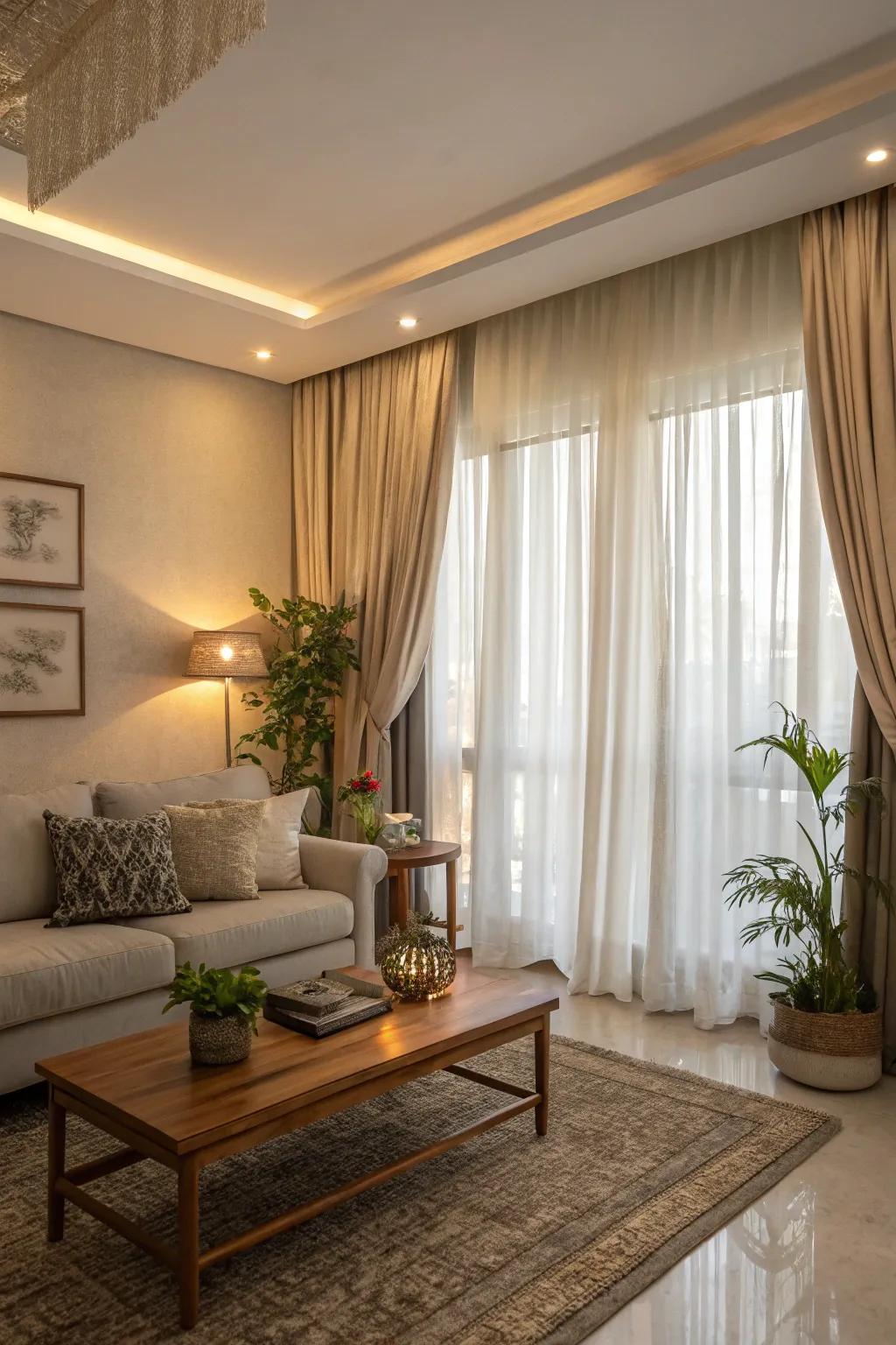Heighten the sophistication of your living space with floor-to-ceiling curtains, introducing an element of grandeur.