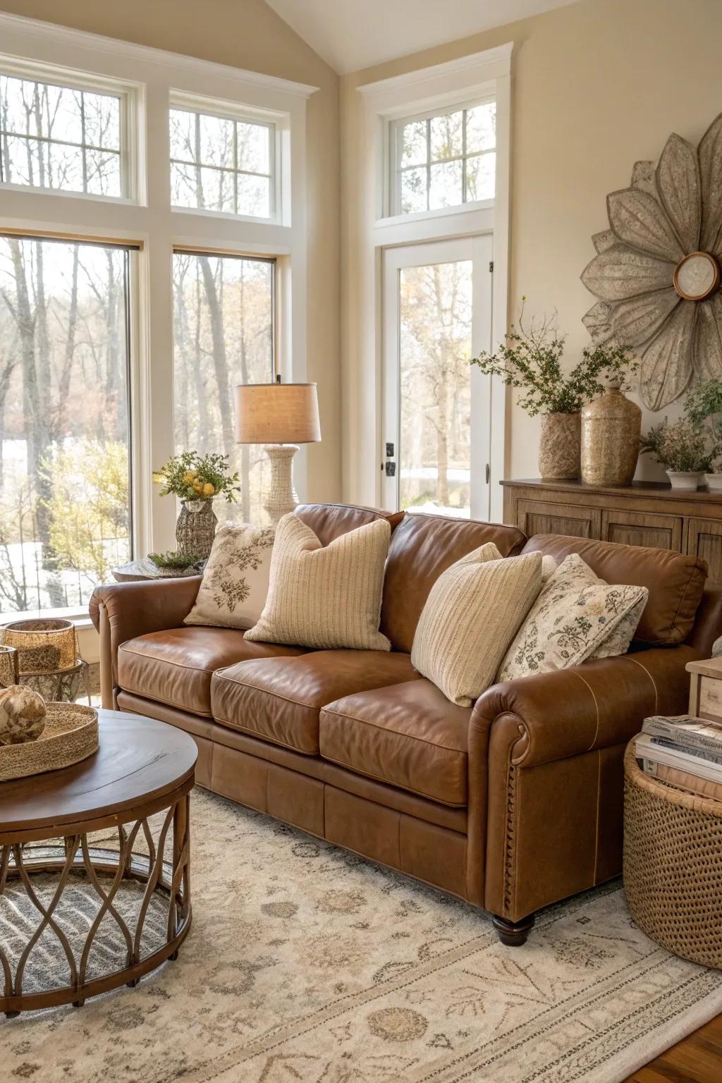 Soft shades beautifully enhance the cocoa leather sofa, creating a harmonious balance.