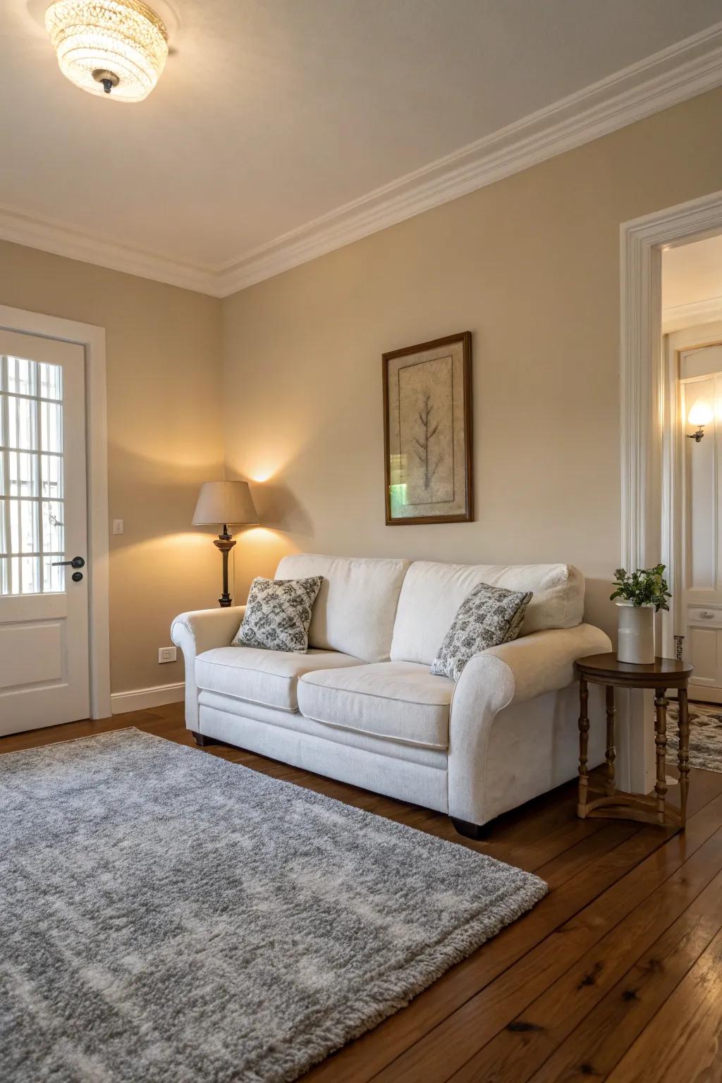 A peaceful living room showcases a soft color palette, radiating a sense of calm and tranquility.