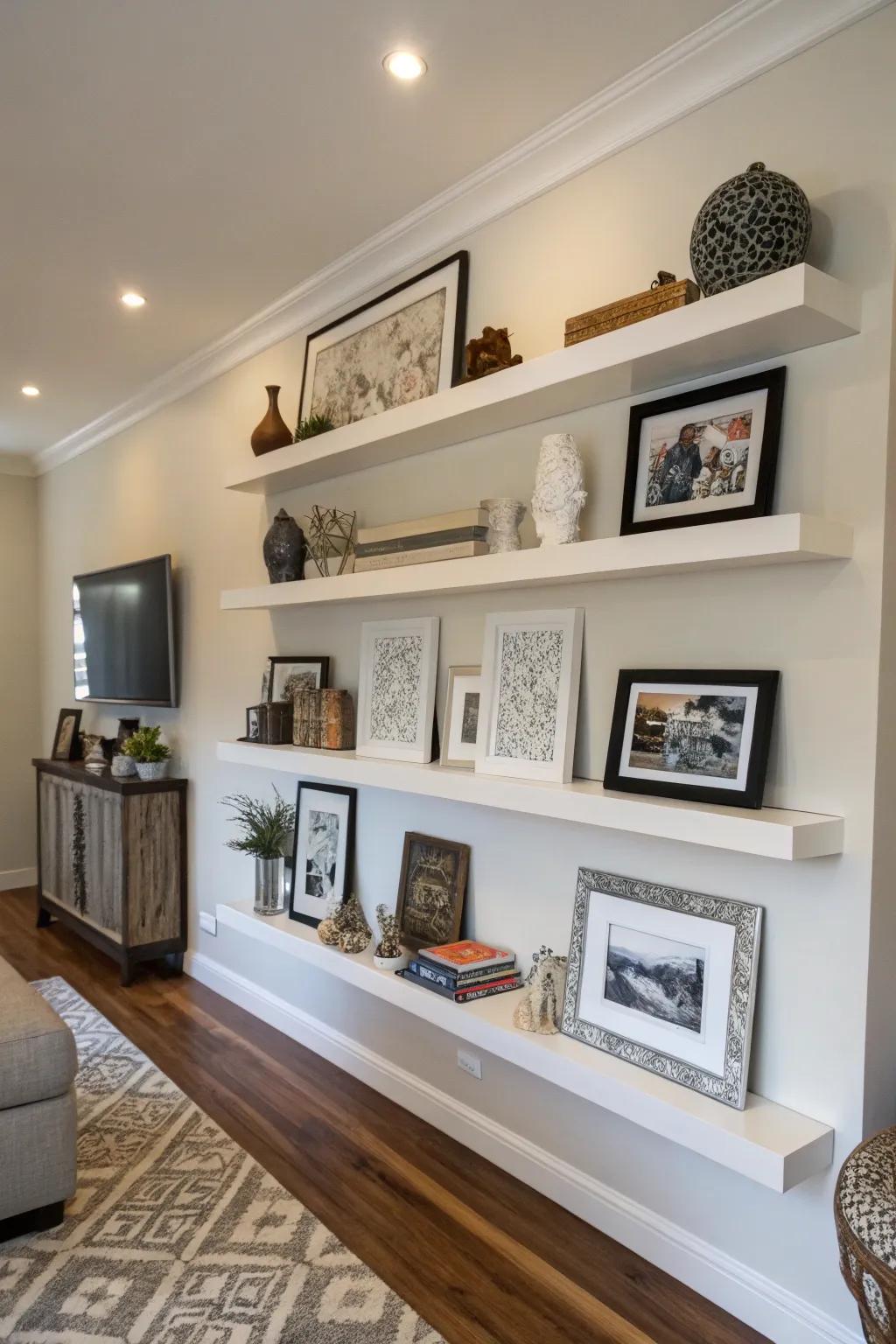 Set up an artistic exhibit using floating shelves right in your family room.