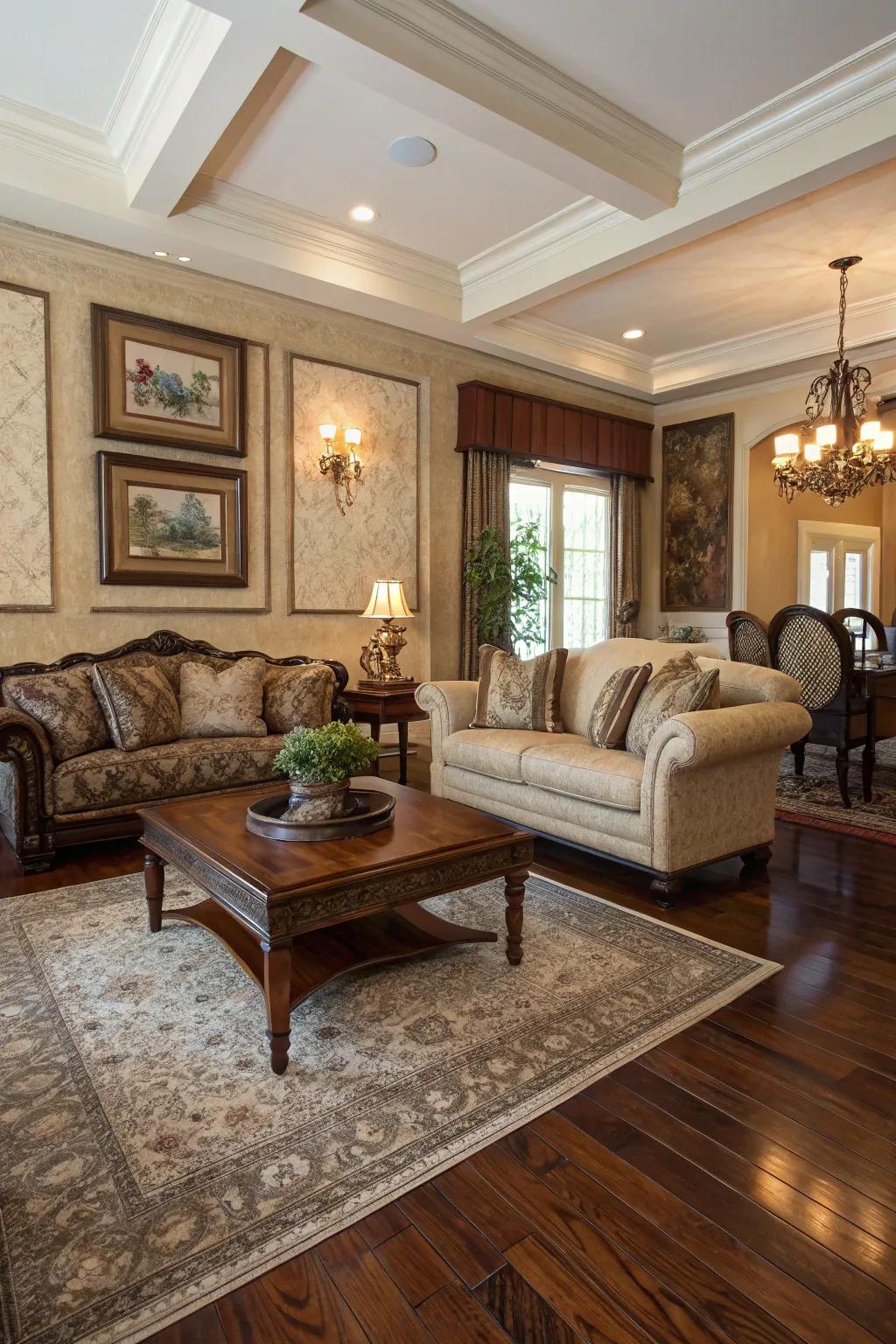 Timeless real wood flooring infuses any living room with sophistication and warmth.