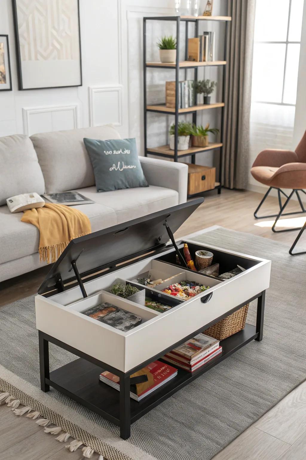 A coffee table with hidden storage keeps toys out of sight.