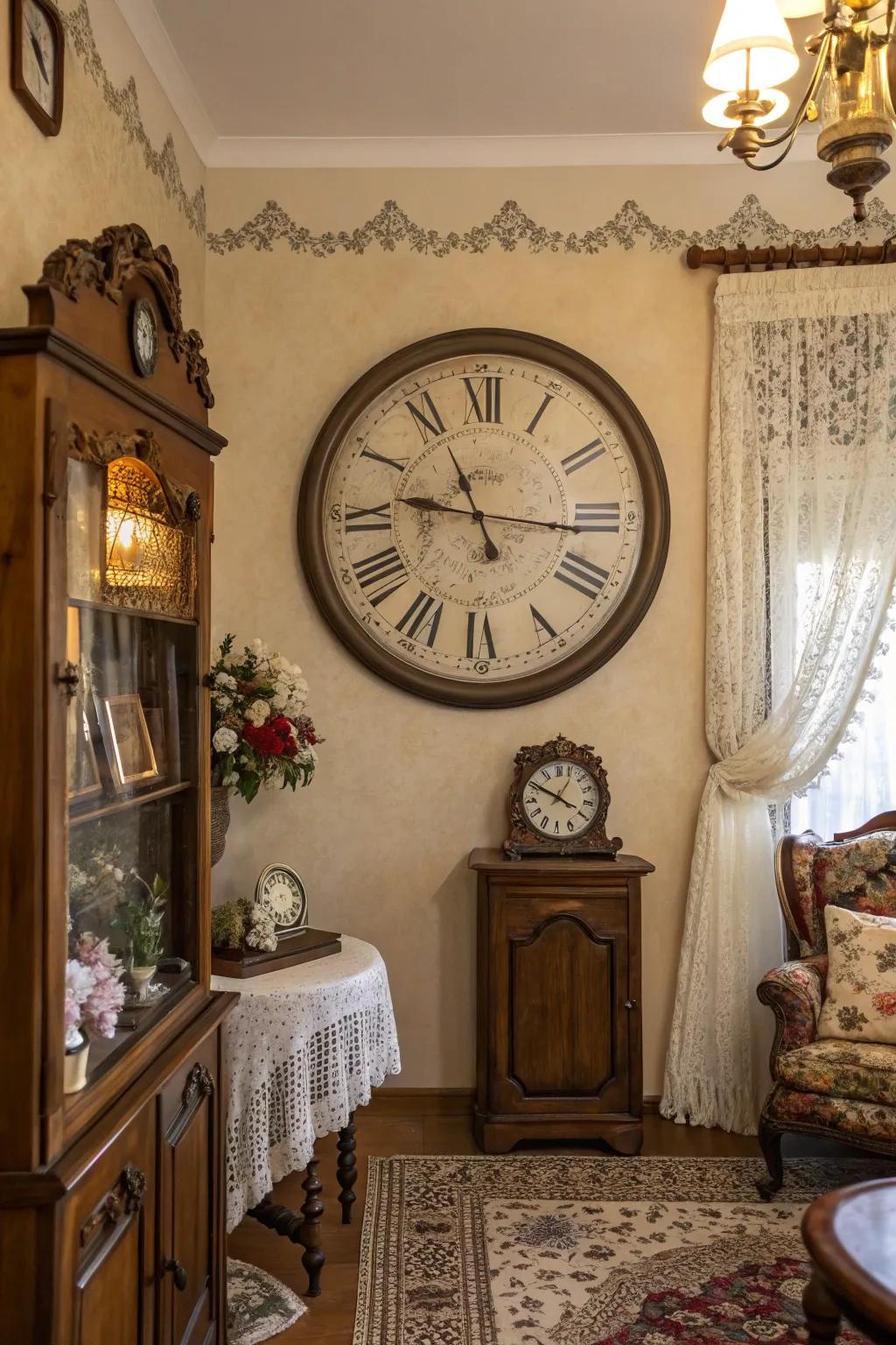 A vintage clock imparts a sense of timeless grace to a warm and inviting living space.
