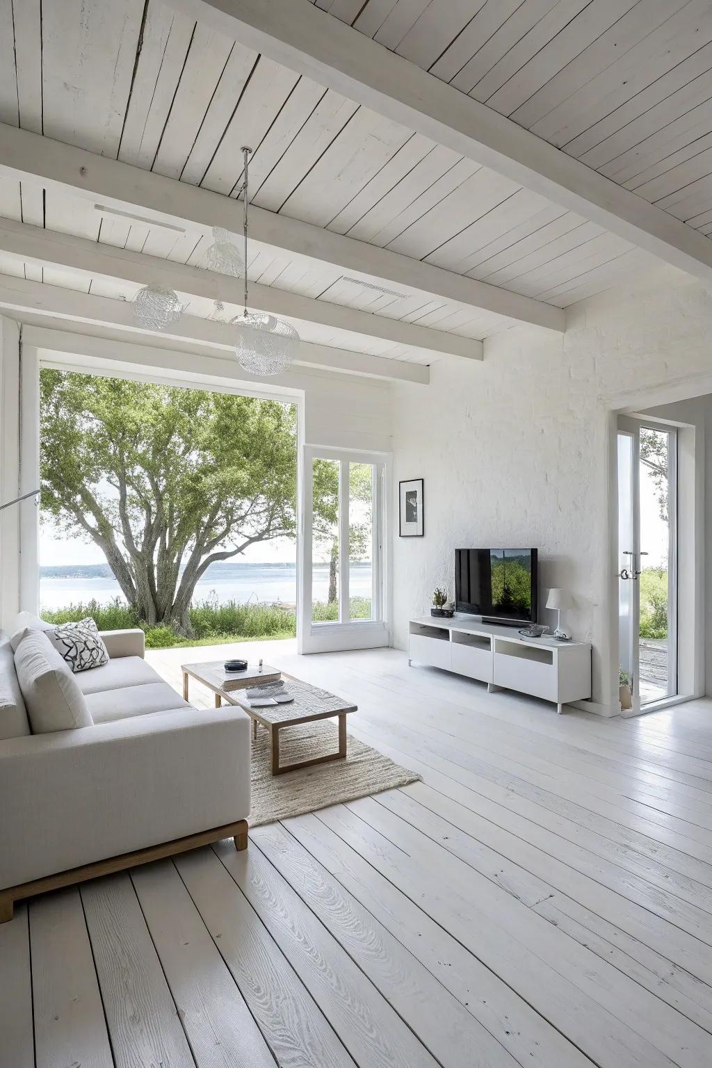 A minimalist living room exemplifies the allure of simplicity through its white wood floors.