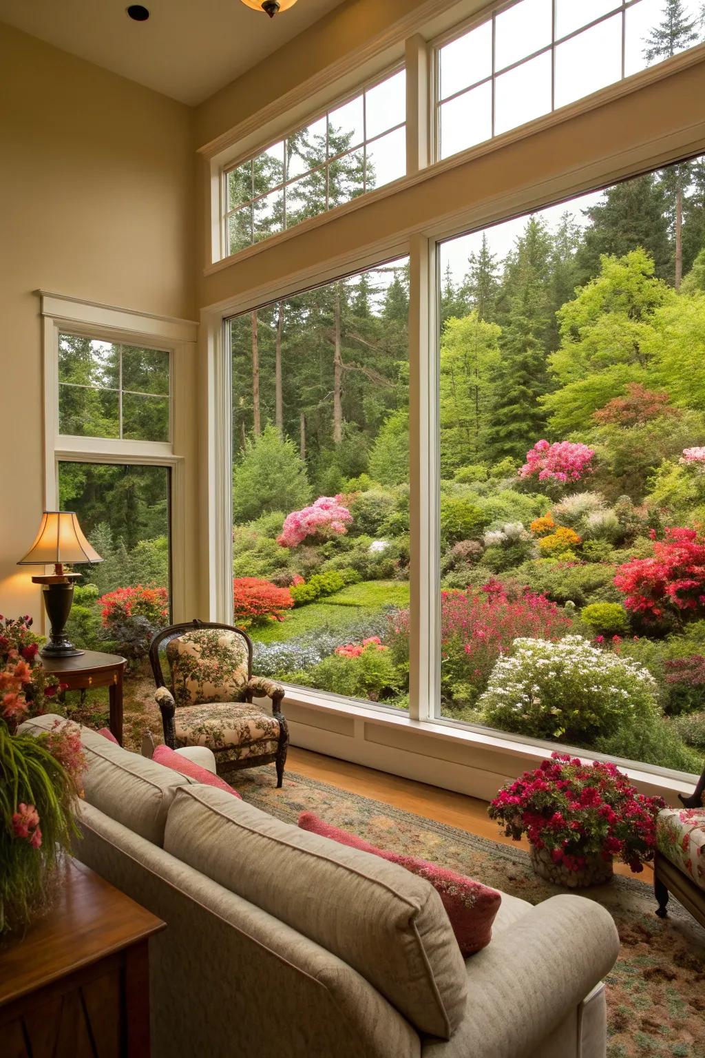 A family room showcasing a vast expansive window encasing a lively garden setting.
