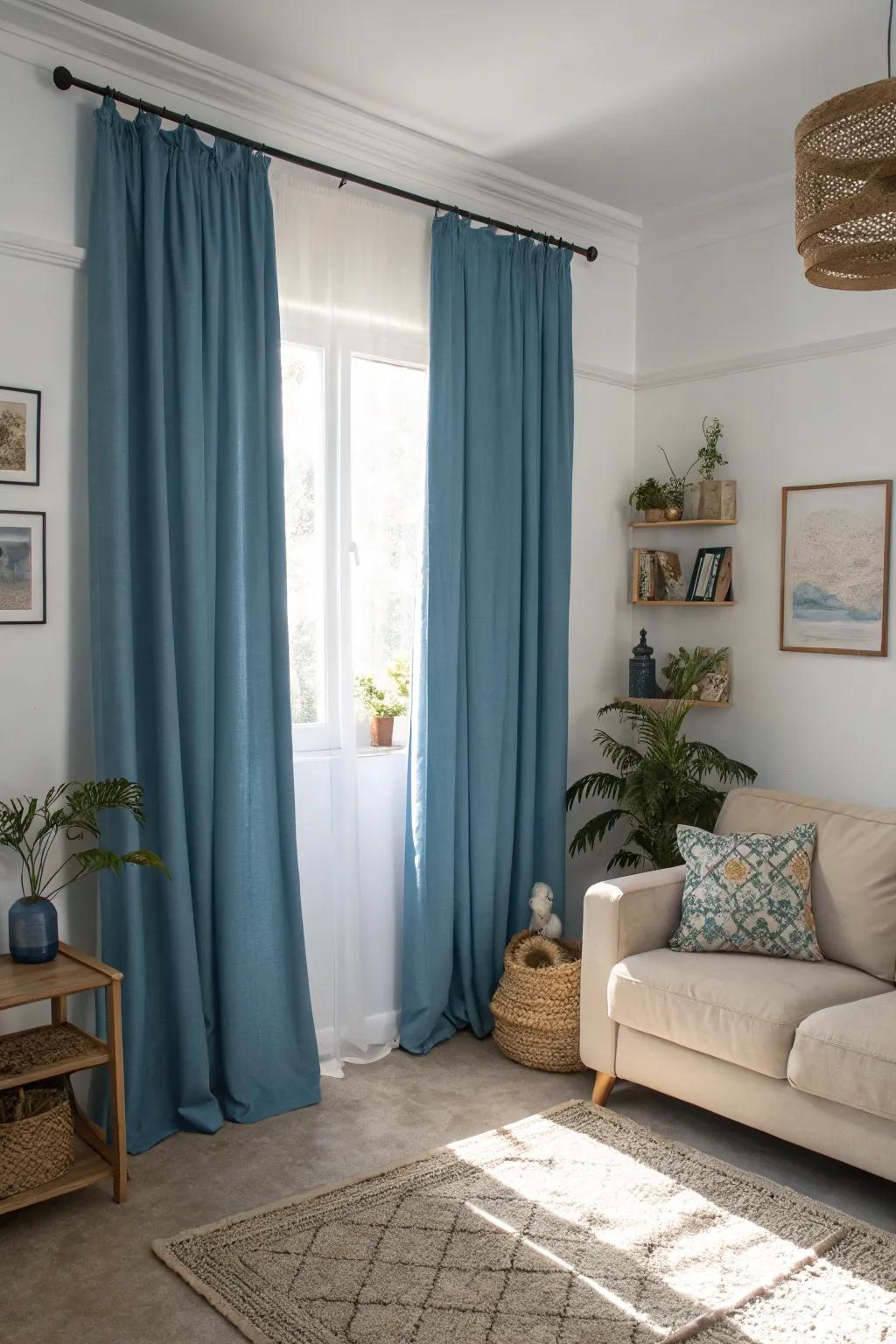 A relaxing living area featuring sky-tinted drapes and soft hues, resulting in a tranquil and sophisticated setting.