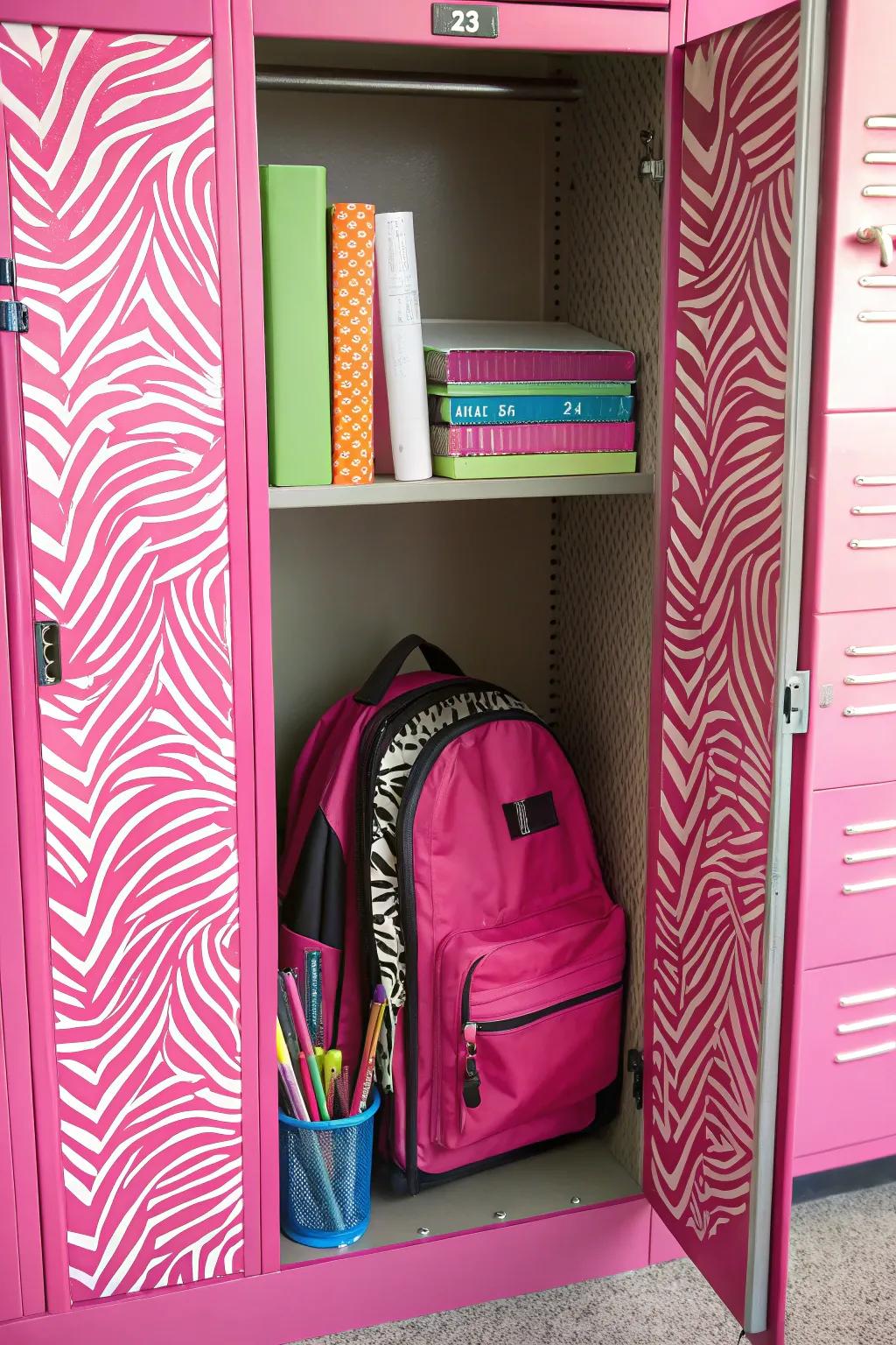 A locker radiating bright pink and zebra designs, introducing a lively burst of energy.