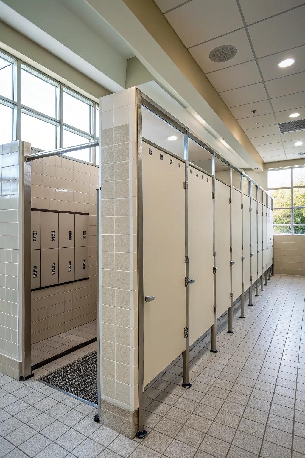 Individual shower cubicles providing comfort and seclusion.