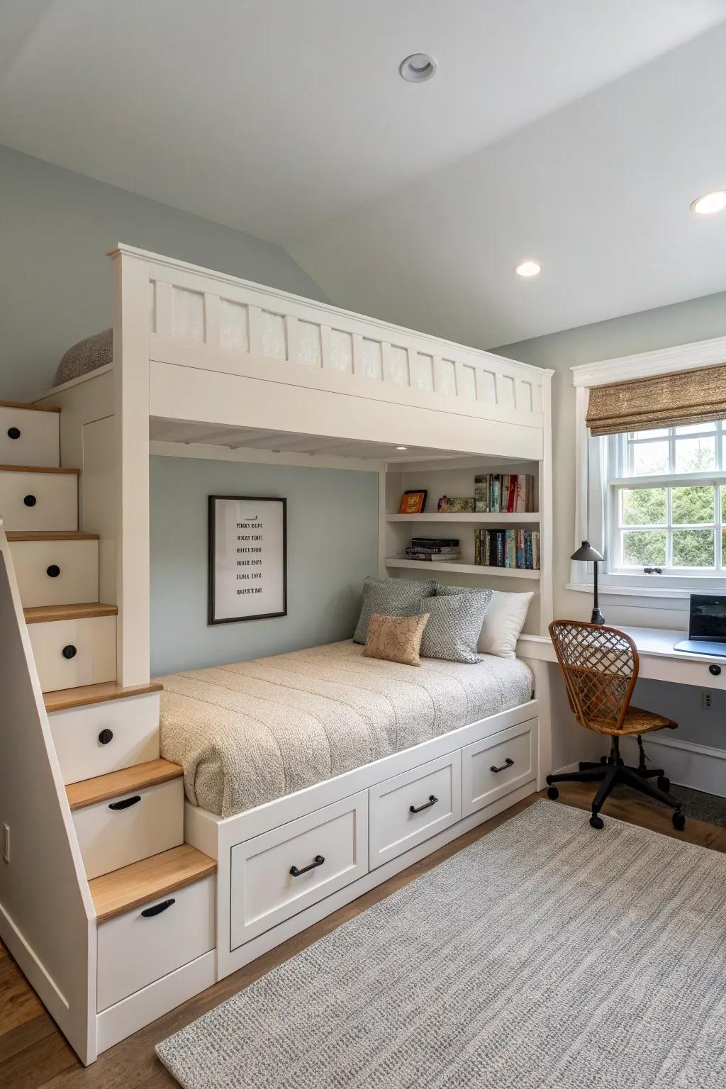 A compact high sleeper that integrates smoothly into a room with low ceilings.