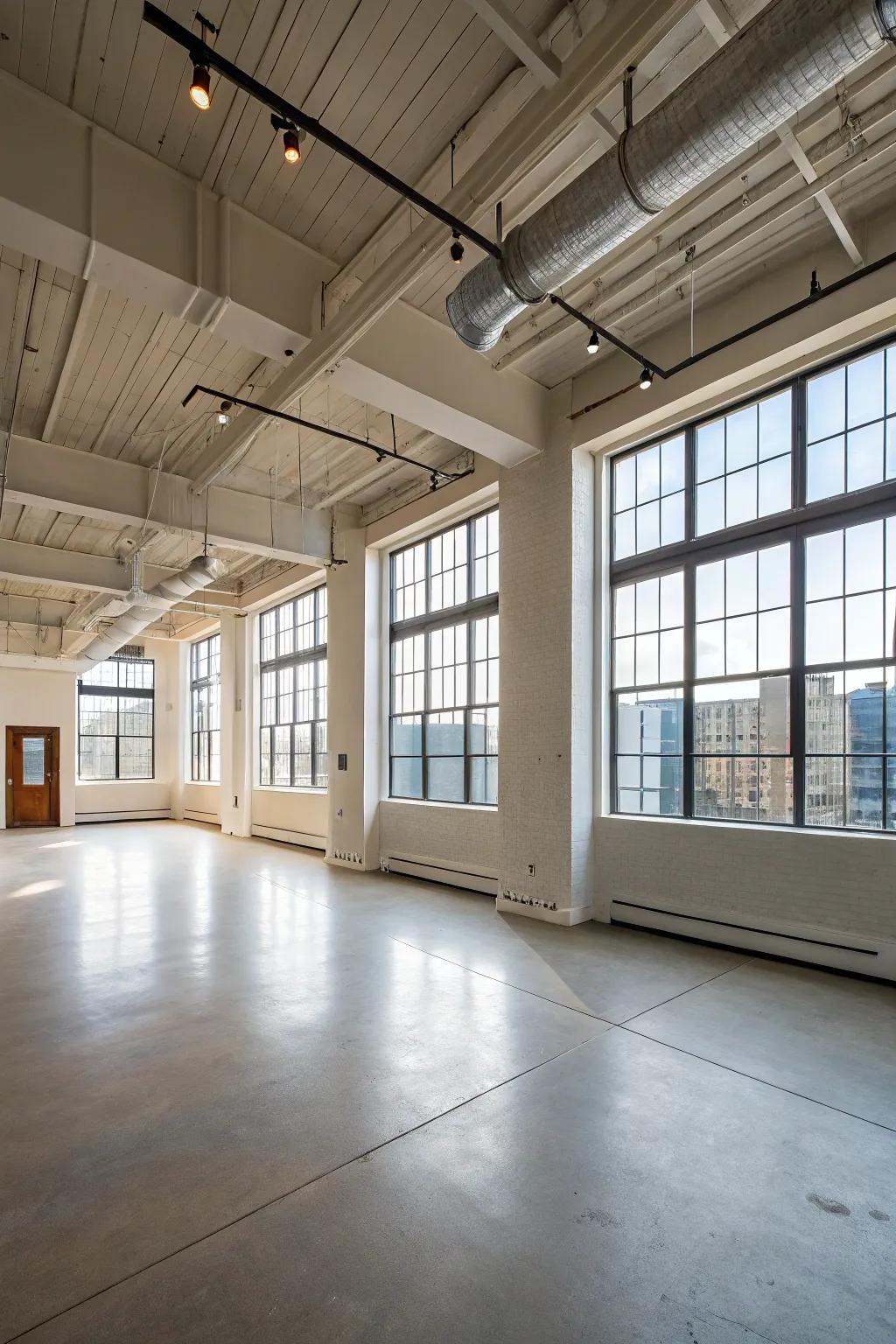 Open layout featuring tall ceilings in a loft.